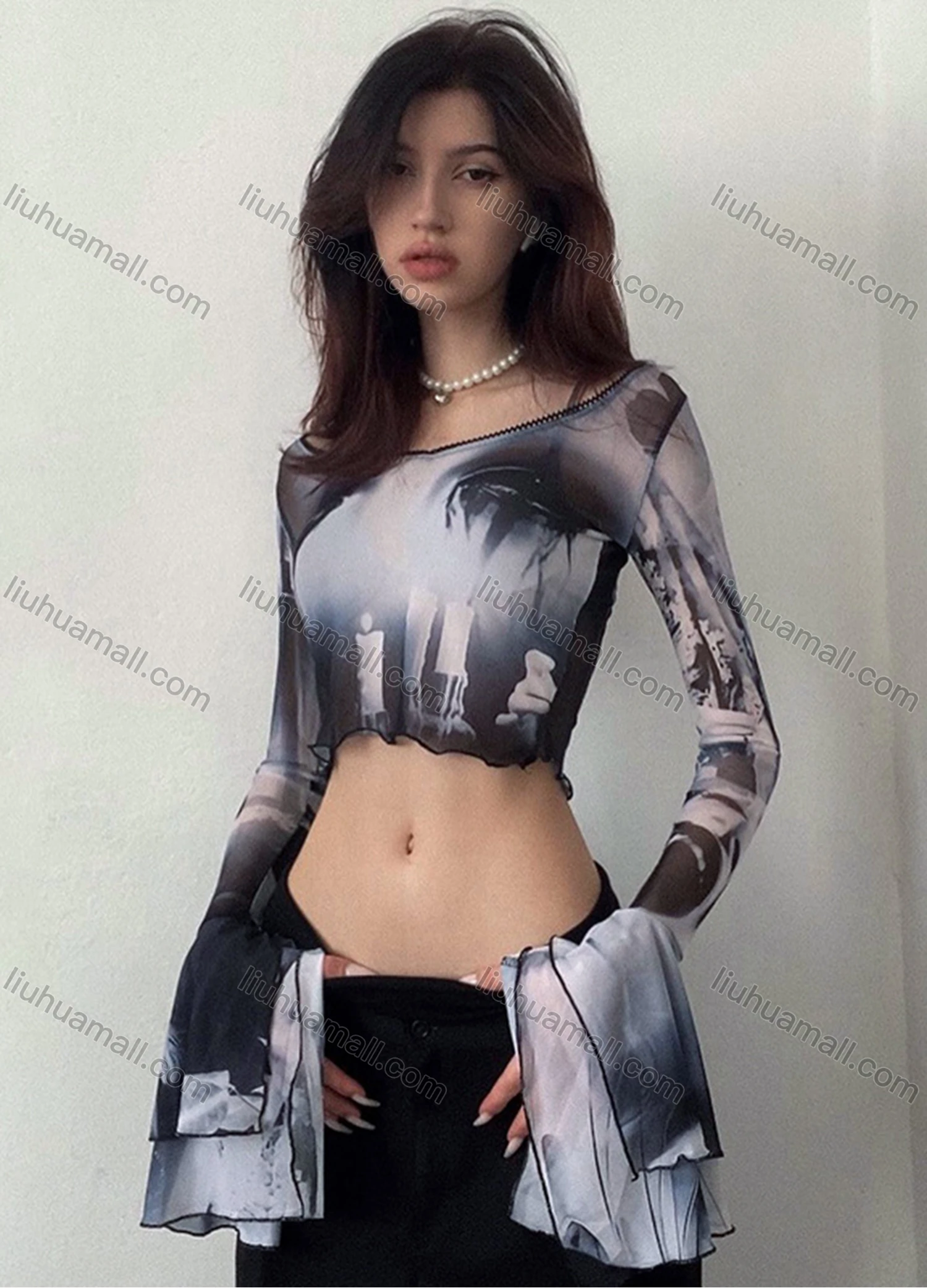Wholesale Women's Sexy Trumpet Sleeve Allover Print Lettuce Trim Mesh Crop Top Q22TP1462# - Liuhuamall
