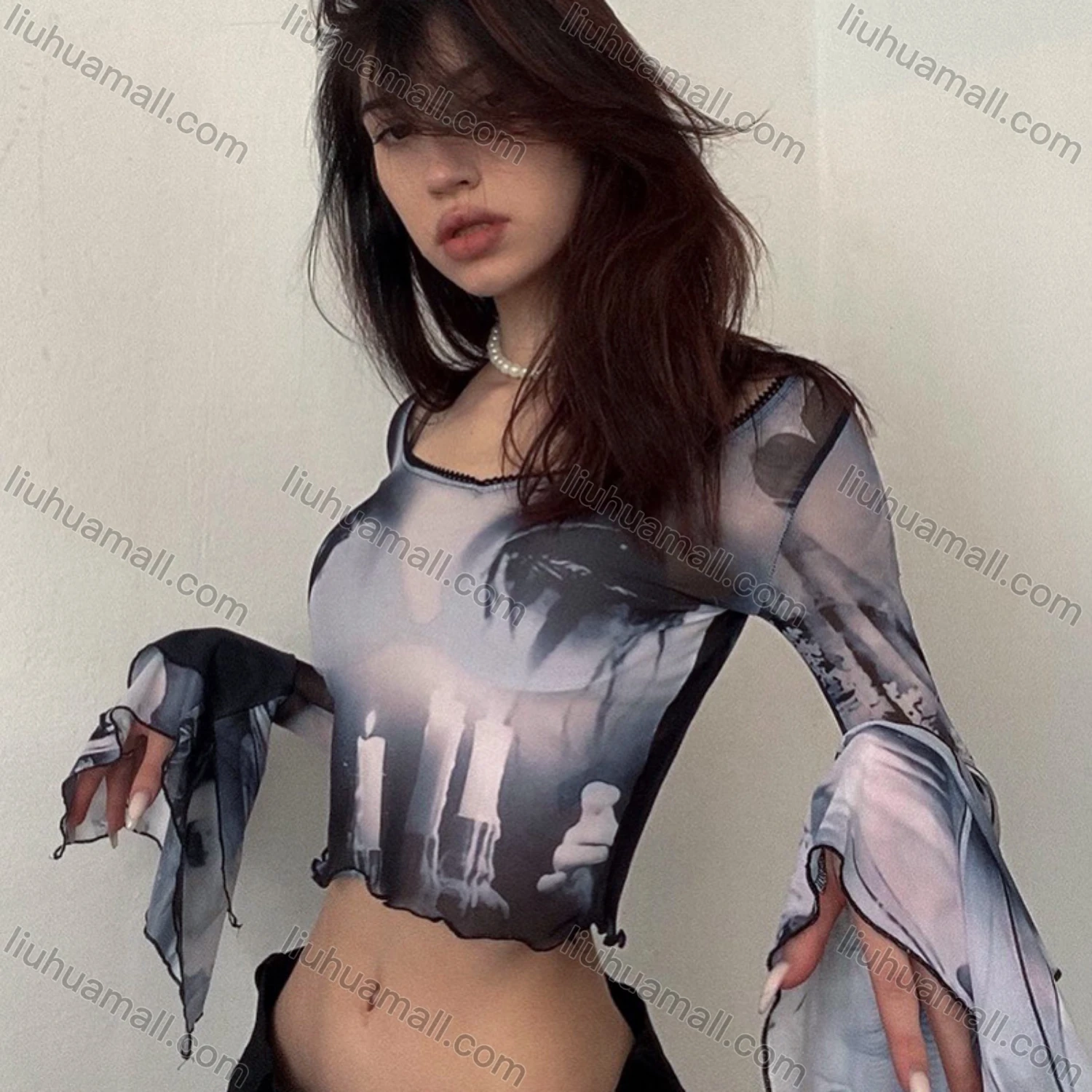 Wholesale Women's Sexy Trumpet Sleeve Allover Print Lettuce Trim Mesh Crop Top Q22TP1462# - Liuhuamall