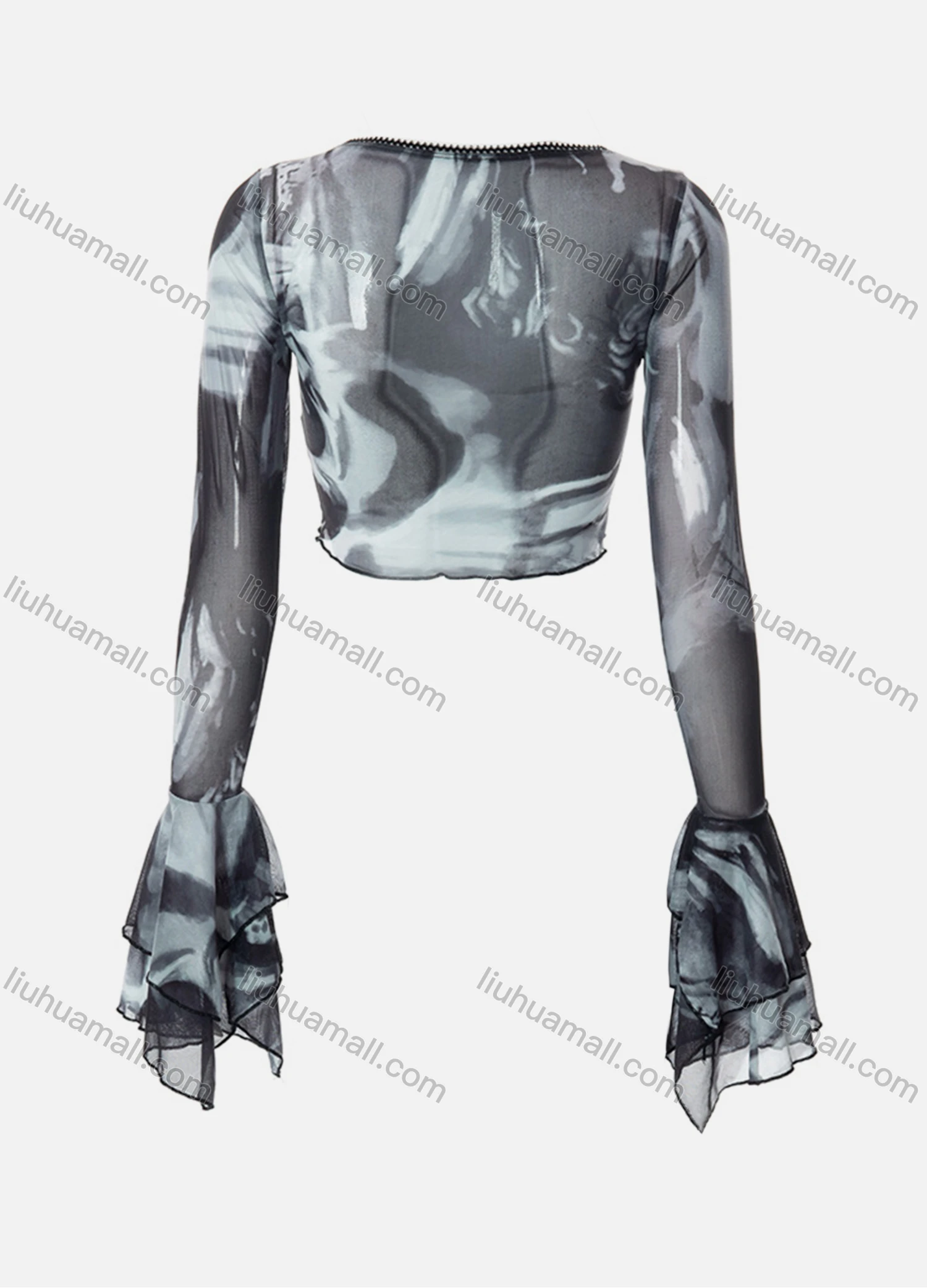 Wholesale Women's Sexy Trumpet Sleeve Allover Print Lettuce Trim Mesh Crop Top Q22TP1462# - Liuhuamall