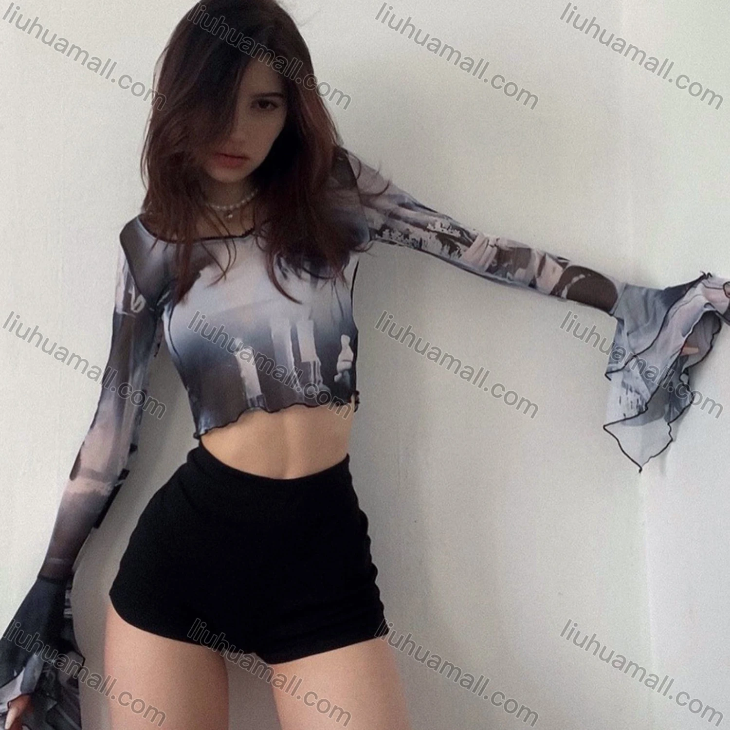 Wholesale Women's Sexy Trumpet Sleeve Allover Print Lettuce Trim Mesh Crop Top Q22TP1462# - Liuhuamall