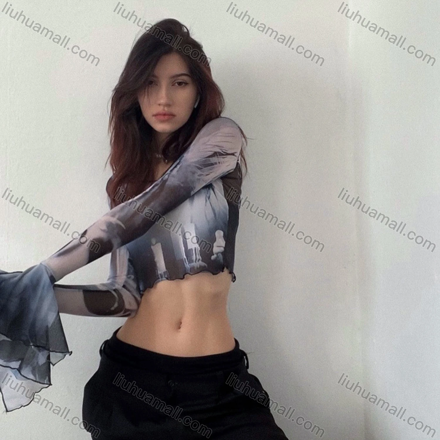 Wholesale Women's Sexy Trumpet Sleeve Allover Print Lettuce Trim Mesh Crop Top Q22TP1462# - Liuhuamall