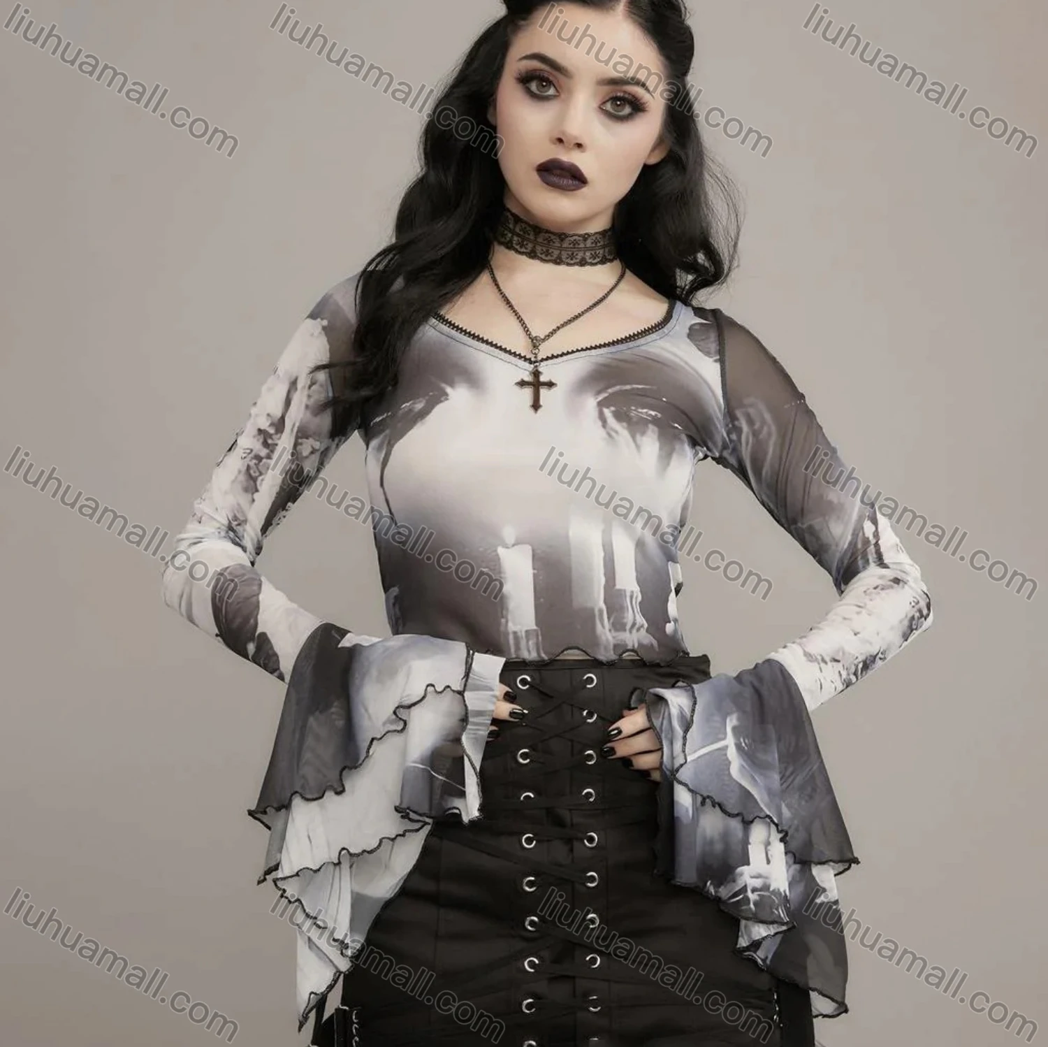 Wholesale Women's Sexy Trumpet Sleeve Allover Print Lettuce Trim Mesh Crop Top Q22TP1462# - Liuhuamall