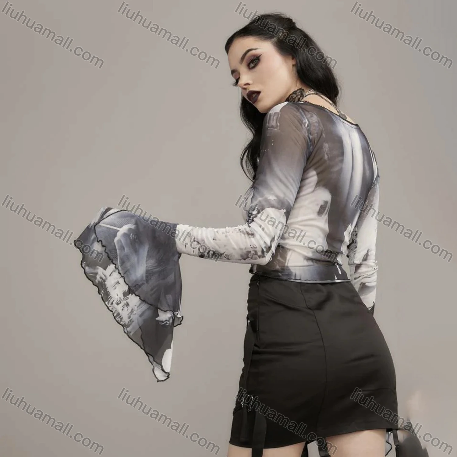 Wholesale Women's Sexy Trumpet Sleeve Allover Print Lettuce Trim Mesh Crop Top Q22TP1462# - Liuhuamall