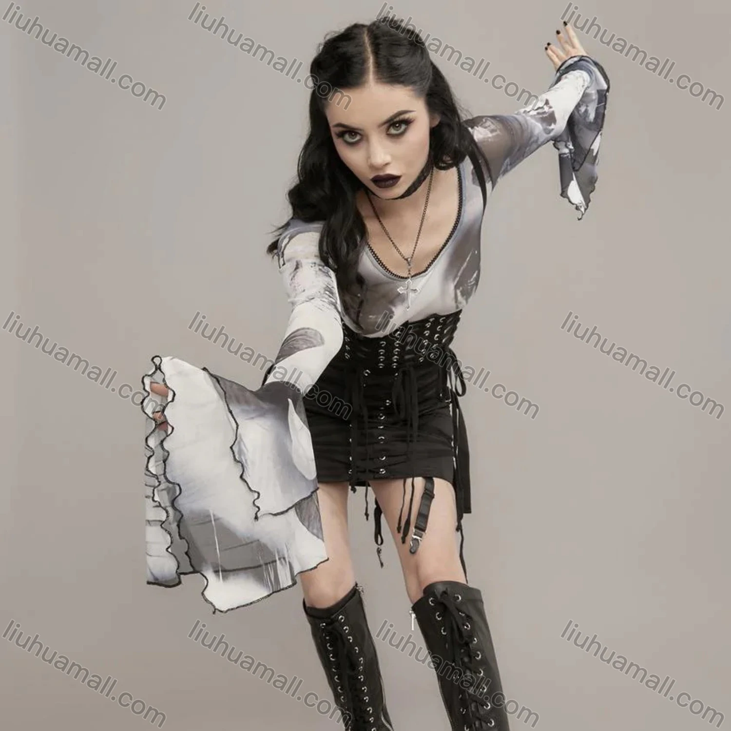 Wholesale Women's Sexy Trumpet Sleeve Allover Print Lettuce Trim Mesh Crop Top Q22TP1462# - Liuhuamall