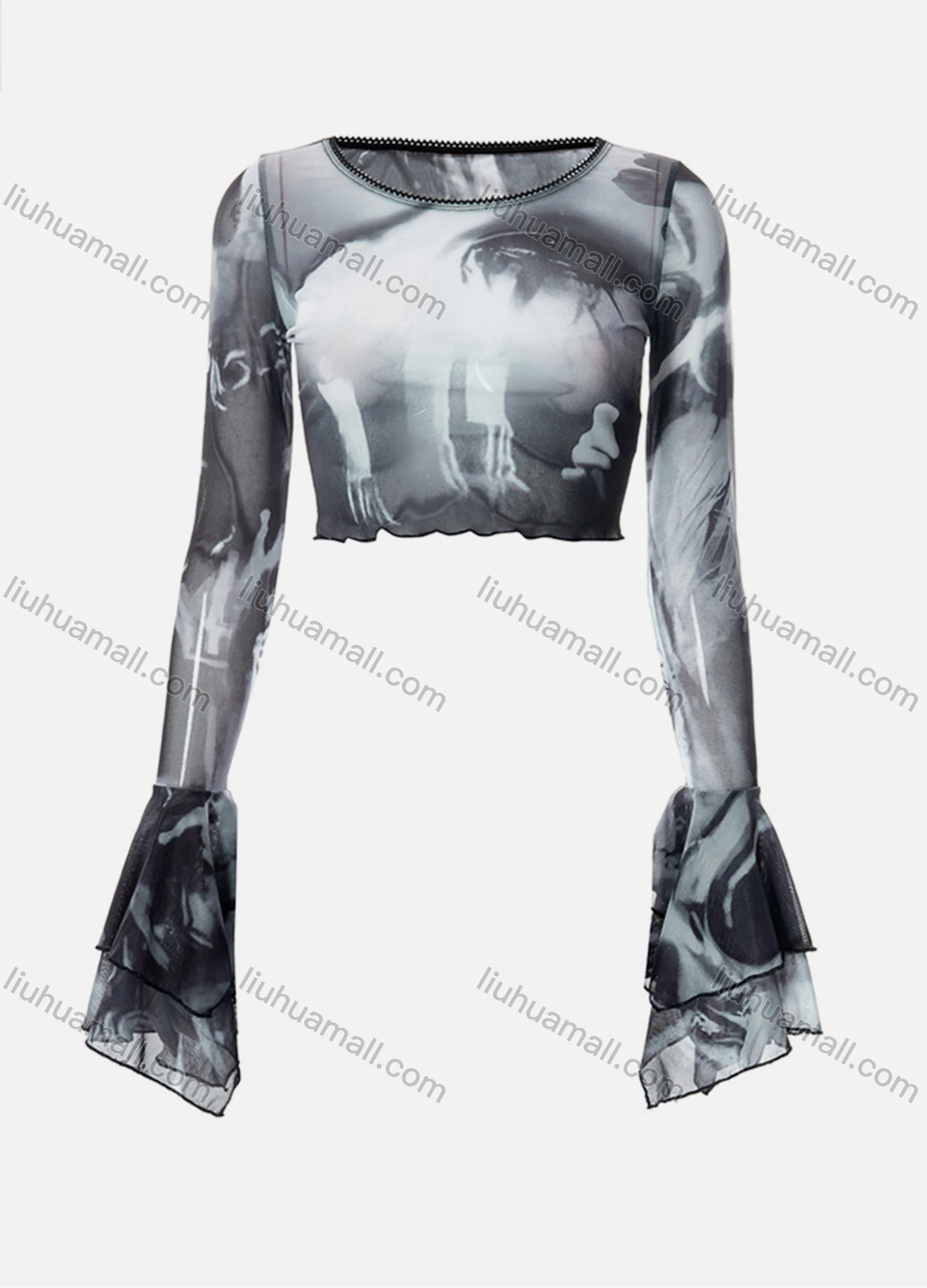 Wholesale Women's Sexy Trumpet Sleeve Allover Print Lettuce Trim Mesh Crop Top Q22TP1462# - Liuhuamall