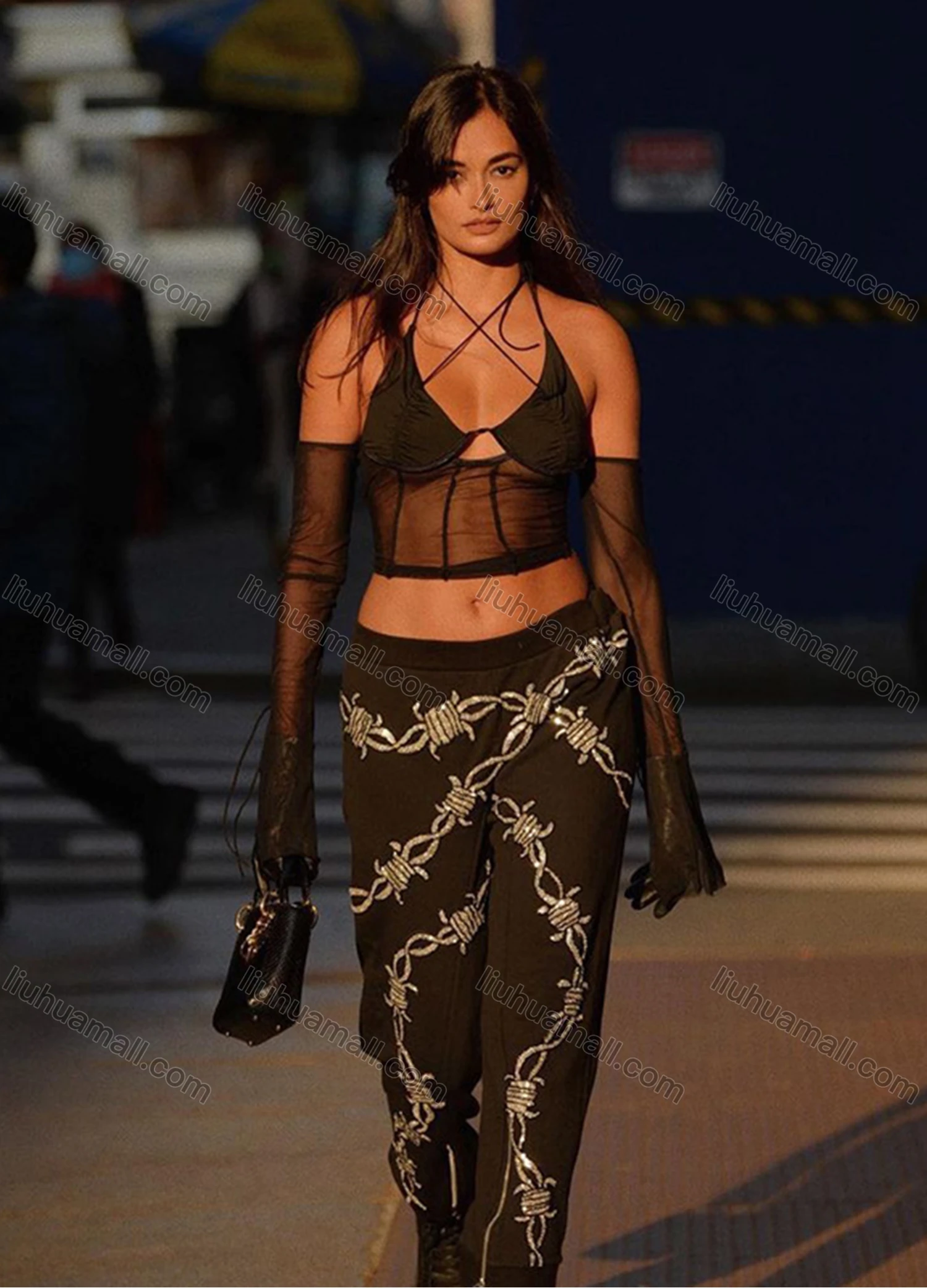 Wholesale Women's Sexy Long Sleeve Halter Backless Cutout Mesh Semi-sheer Plain Crop Top Q22TP1462# - Liuhuamall