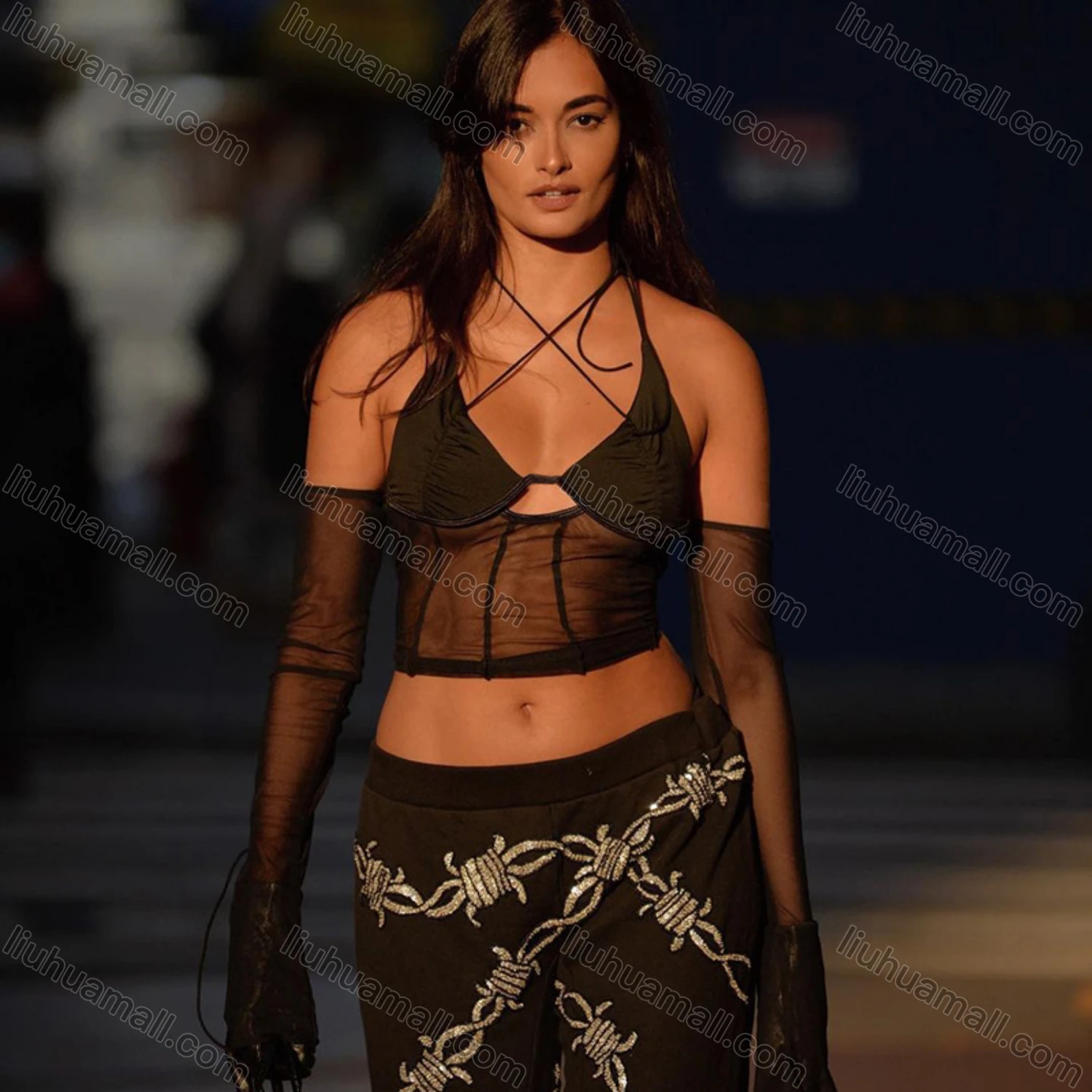 Wholesale Women's Sexy Long Sleeve Halter Backless Cutout Mesh Semi-sheer Plain Crop Top Q22TP1462# - Liuhuamall