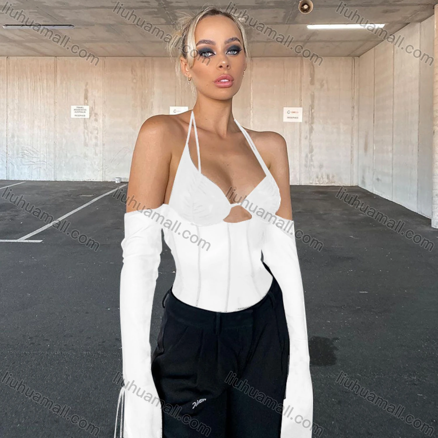 Wholesale Women's Sexy Long Sleeve Halter Backless Cutout Mesh Semi-sheer Plain Crop Top Q22TP1462# - Liuhuamall