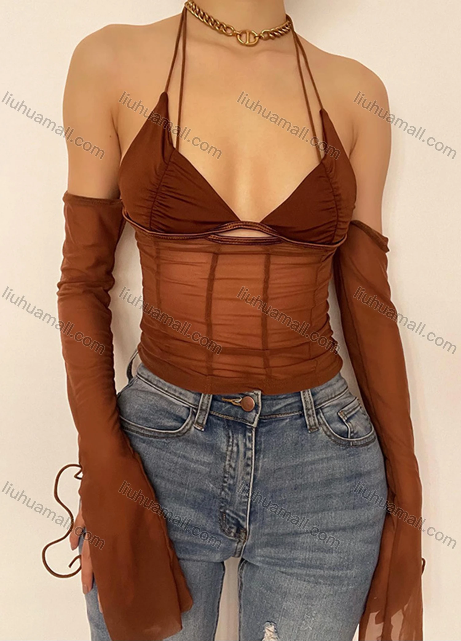 Wholesale Women's Sexy Long Sleeve Halter Backless Cutout Mesh Semi-sheer Plain Crop Top Q22TP1462# - Liuhuamall