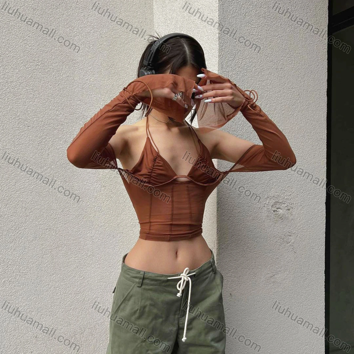 Wholesale Women's Sexy Long Sleeve Halter Backless Cutout Mesh Semi-sheer Plain Crop Top Q22TP1462# - Liuhuamall