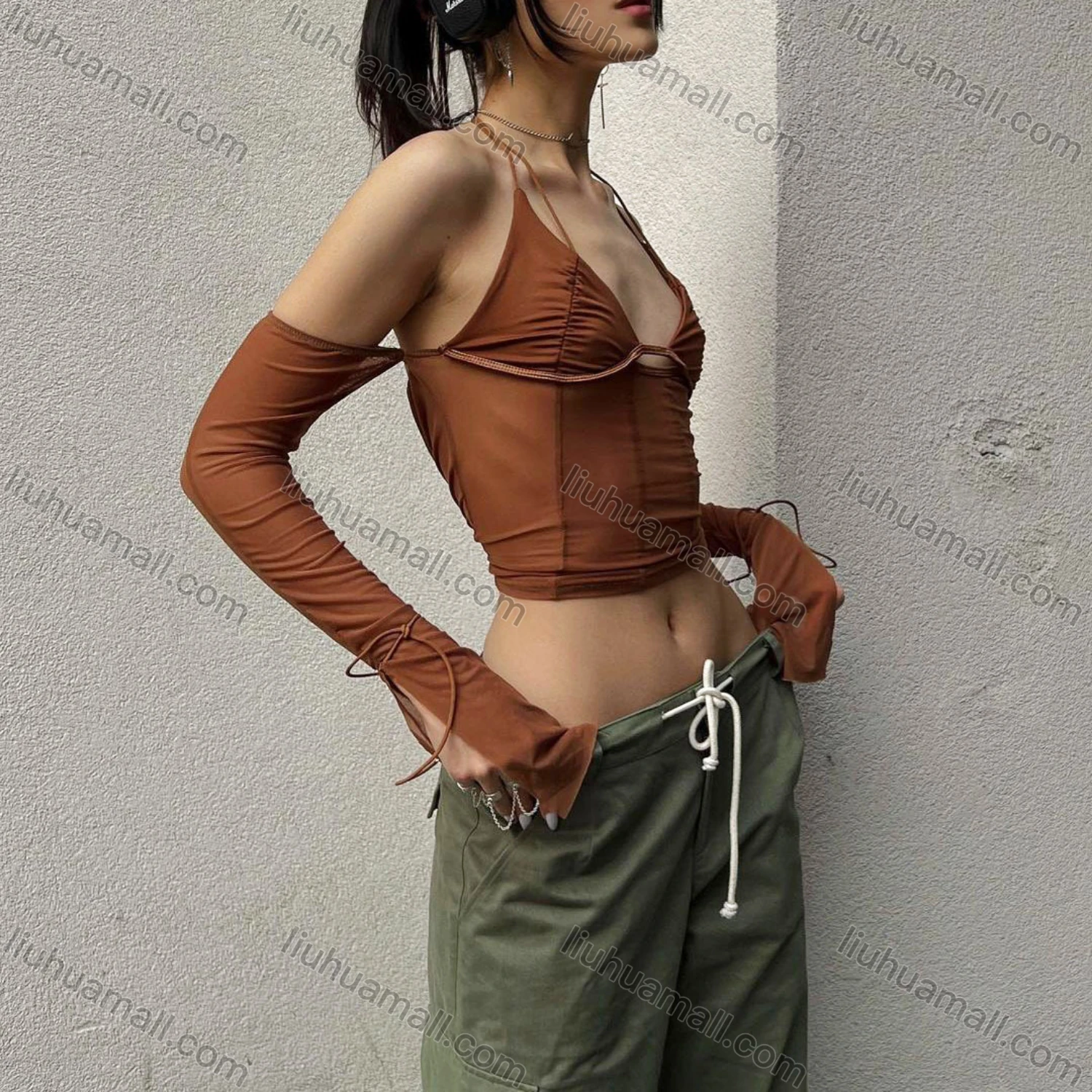 Wholesale Women's Sexy Long Sleeve Halter Backless Cutout Mesh Semi-sheer Plain Crop Top Q22TP1462# - Liuhuamall