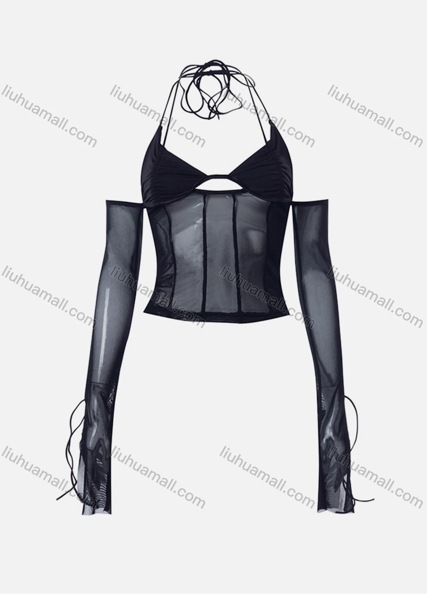 Wholesale Women's Sexy Long Sleeve Halter Backless Cutout Mesh Semi-sheer Plain Crop Top Q22TP1462# - Liuhuamall
