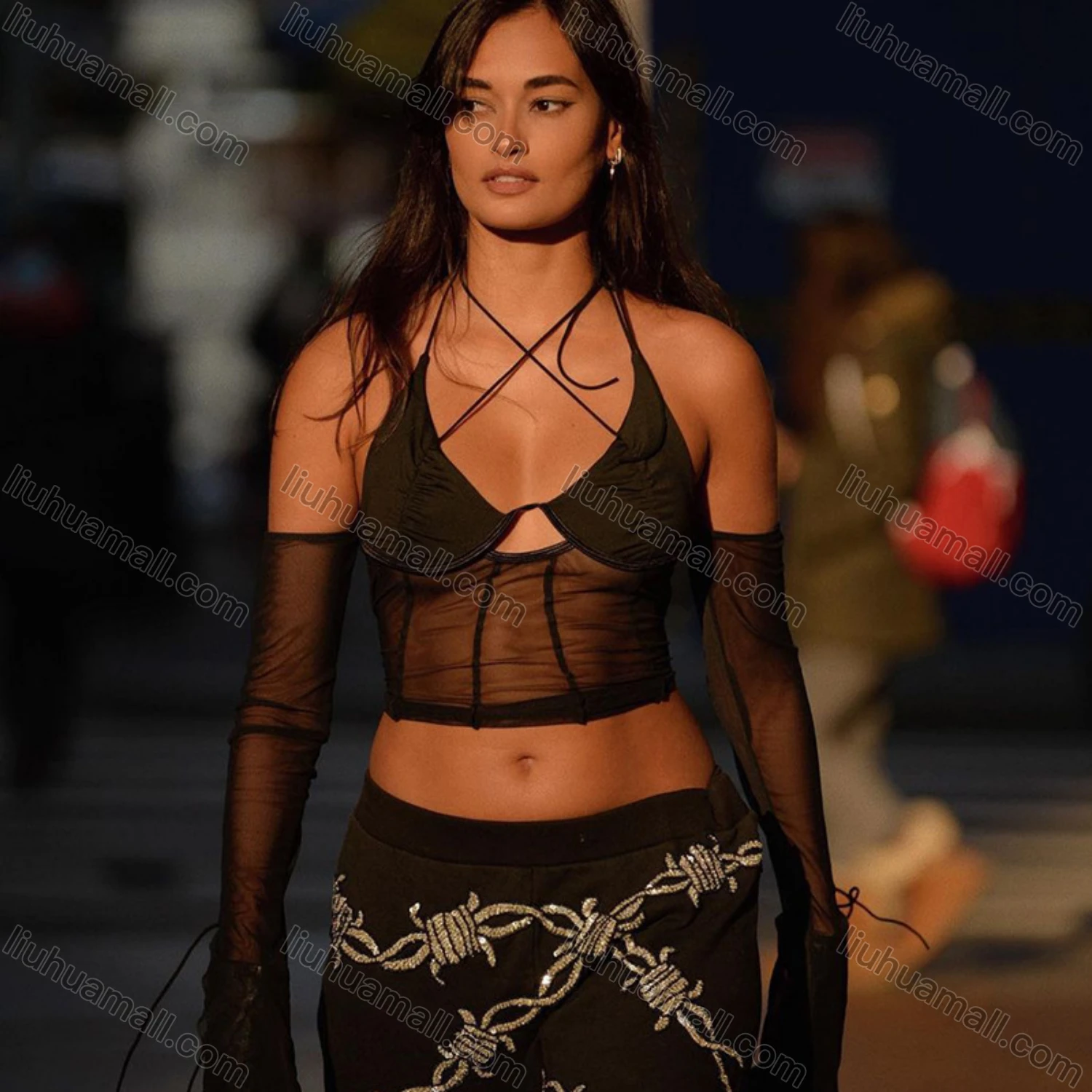 Wholesale Women's Sexy Long Sleeve Halter Backless Cutout Mesh Semi-sheer Plain Crop Top Q22TP1462# - Liuhuamall