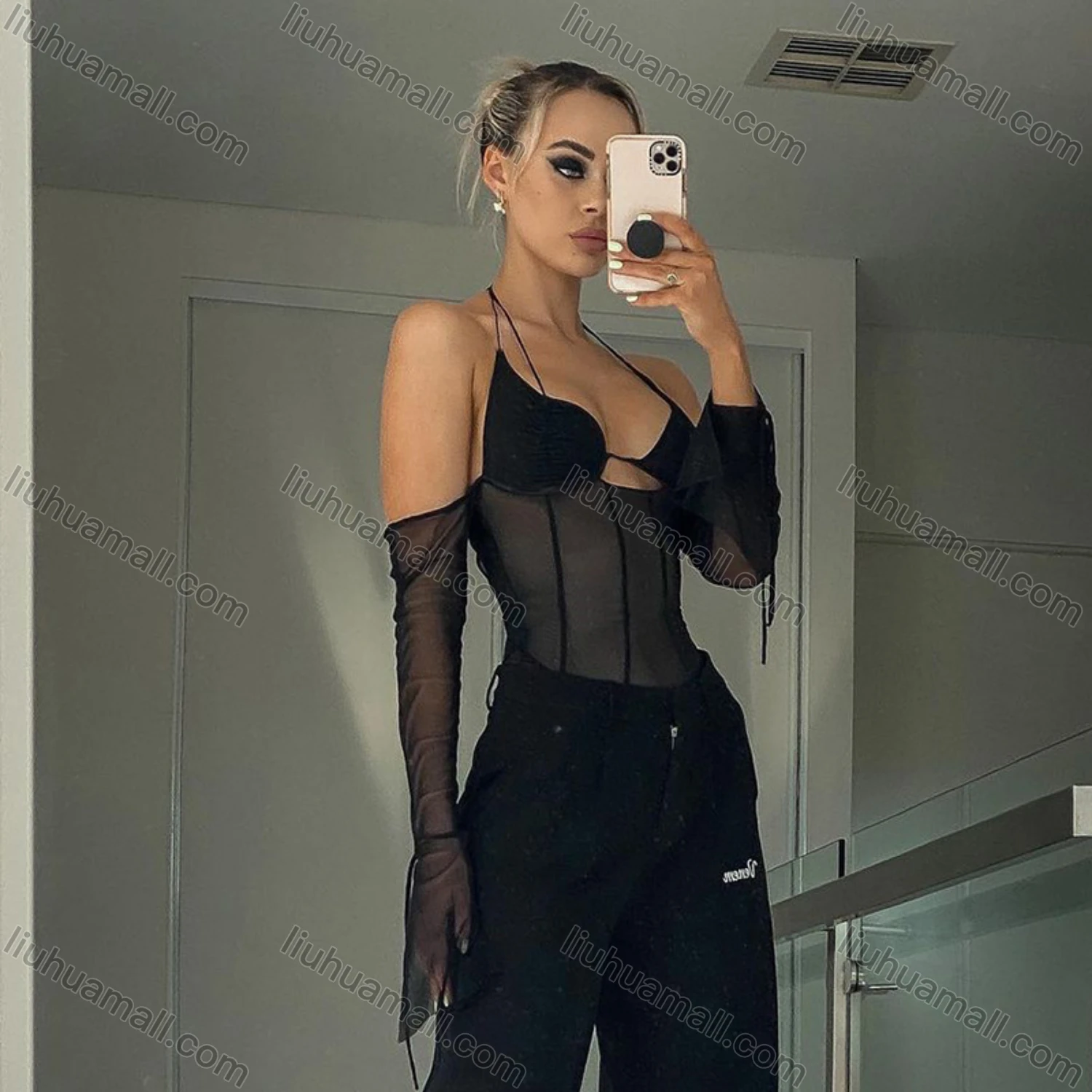 Wholesale Women's Sexy Long Sleeve Halter Backless Cutout Mesh Semi-sheer Plain Crop Top Q22TP1462# - Liuhuamall