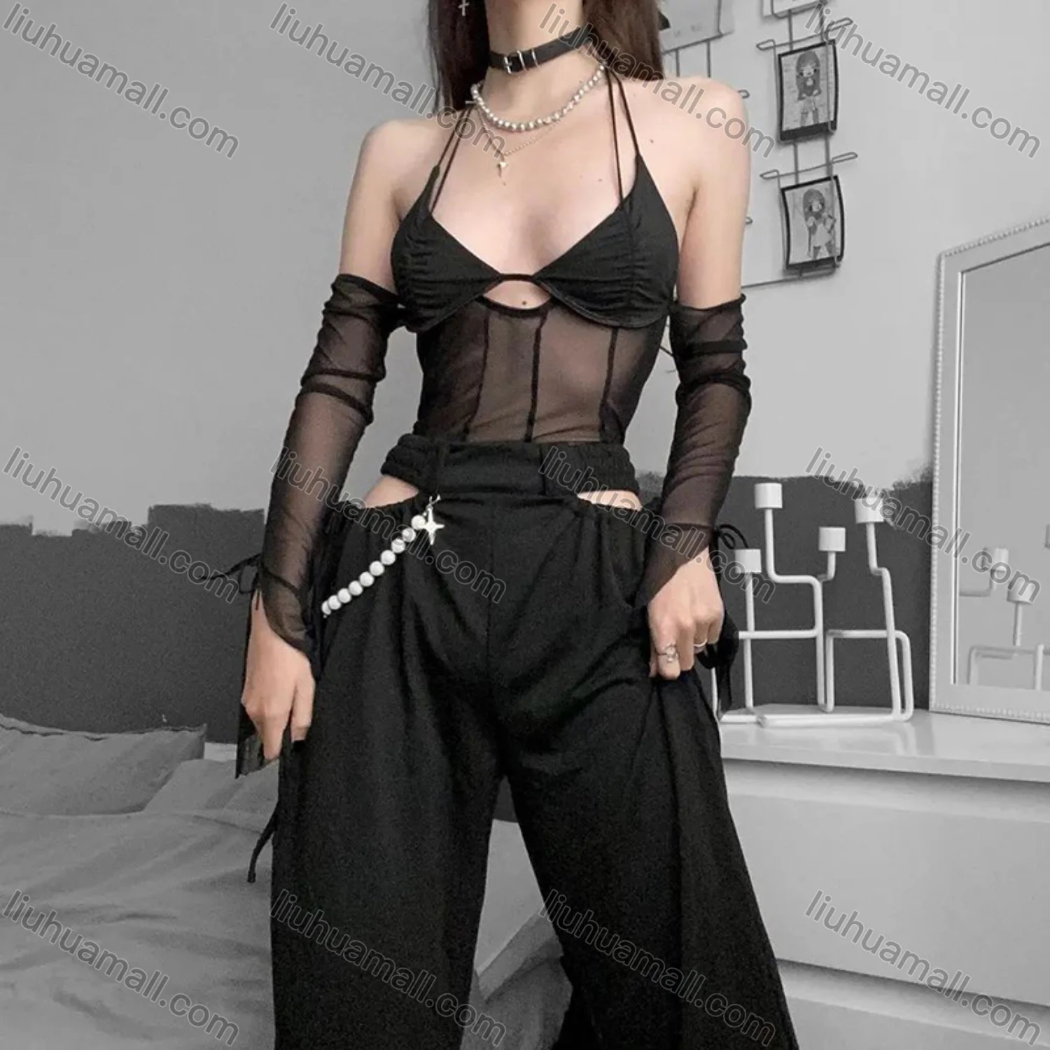 Wholesale Women's Sexy Long Sleeve Halter Backless Cutout Mesh Semi-sheer Plain Crop Top Q22TP1462# - Liuhuamall