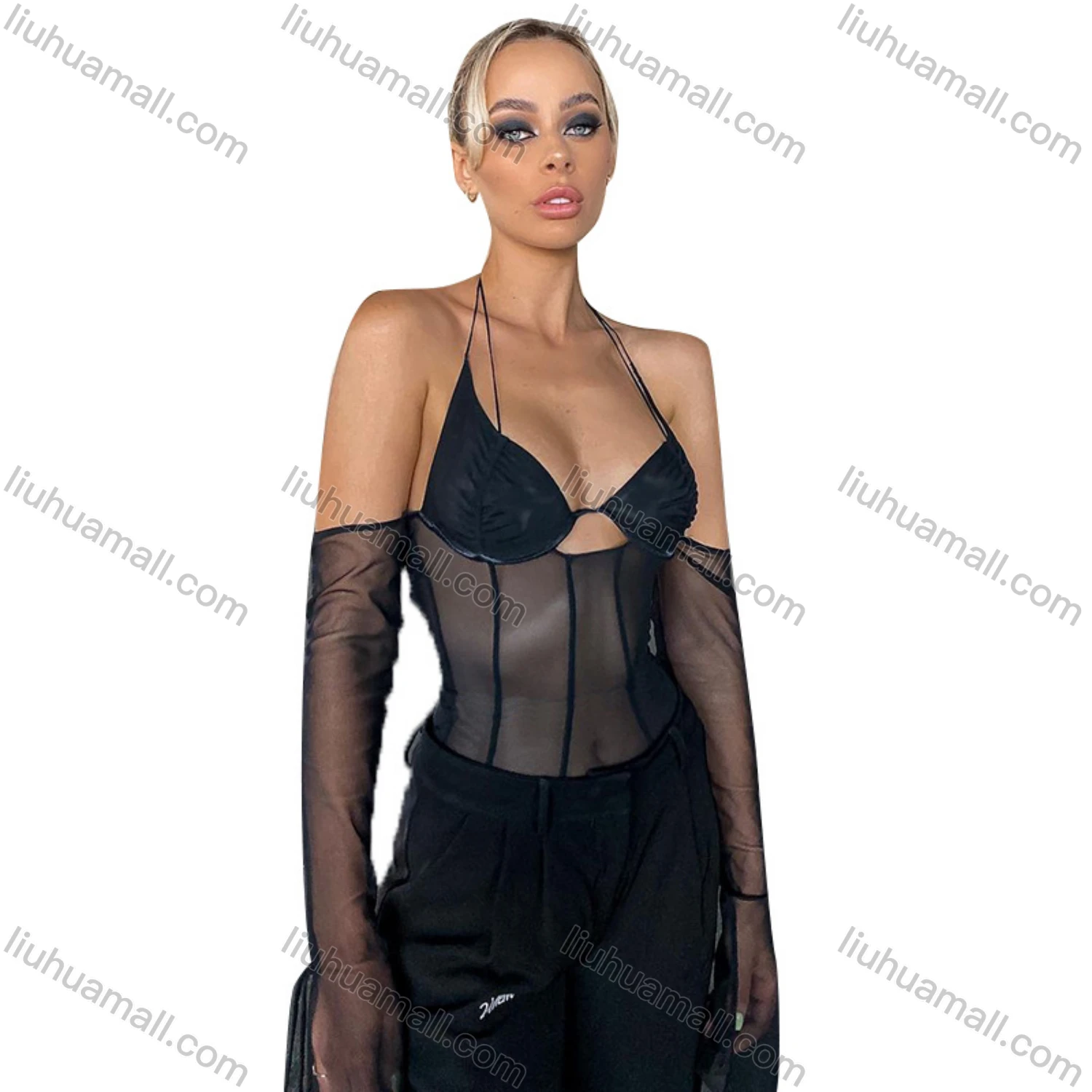 Wholesale Women's Sexy Long Sleeve Halter Backless Cutout Mesh Semi-sheer Plain Crop Top Q22TP1462# - Liuhuamall