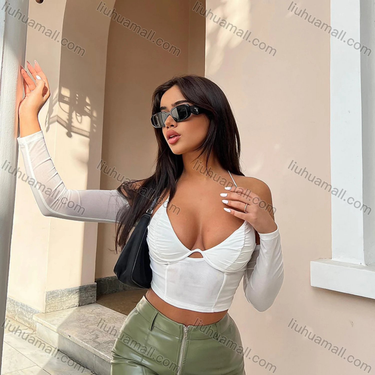 Wholesale Women's Sexy Long Sleeve Halter Backless Cutout Mesh Semi-sheer Plain Crop Top Q22TP1462# - Liuhuamall