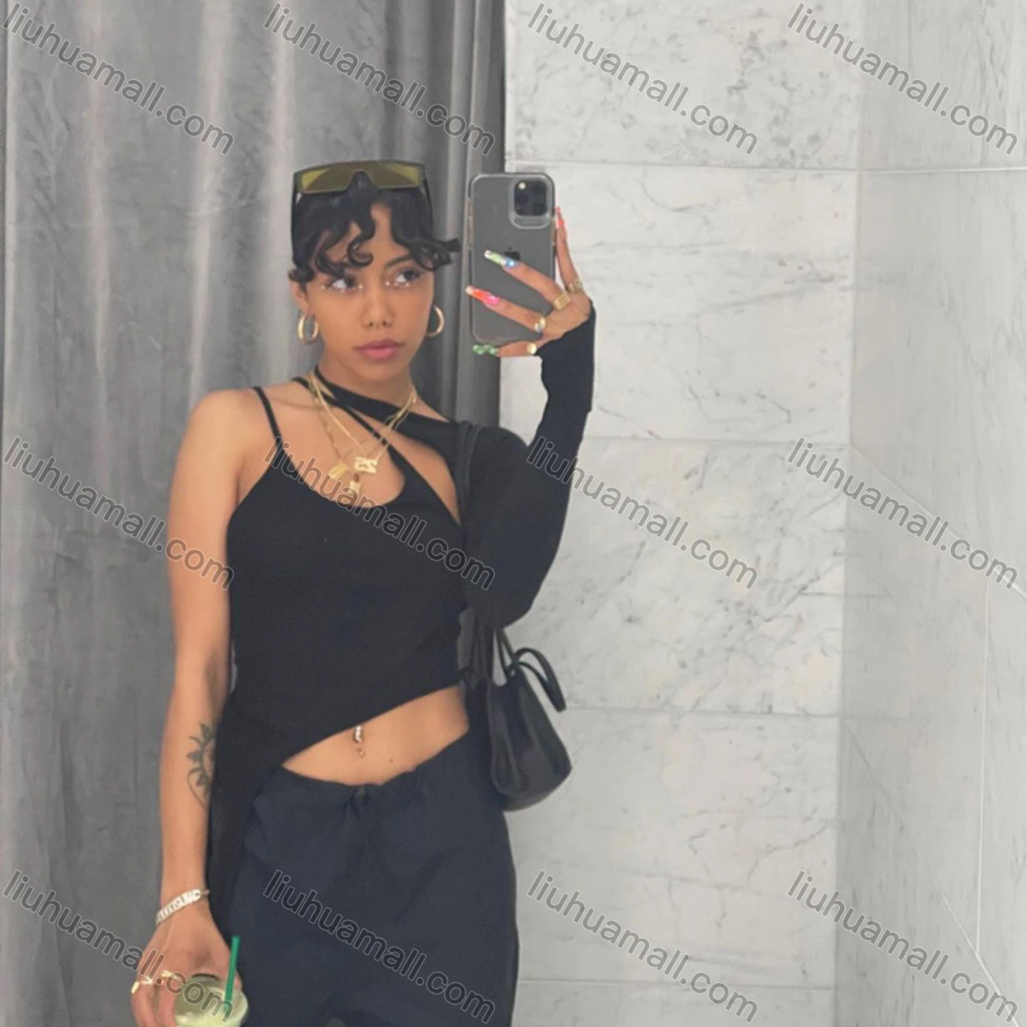 Wholesale Women's Sexy Halter One Shoulder Sleeve Asymmetrical Tie Side Cutout Crop Top W21TP209# - Liuhuamall