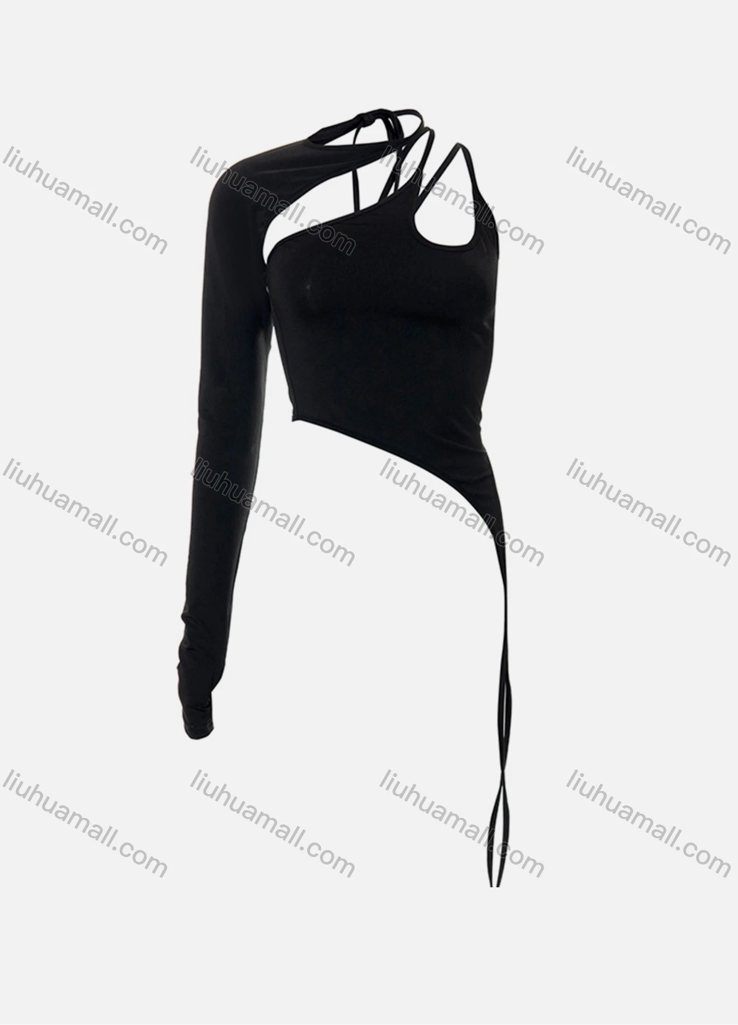 Wholesale Women's Sexy Halter One Shoulder Sleeve Asymmetrical Tie Side Cutout Crop Top W21TP209# - Liuhuamall