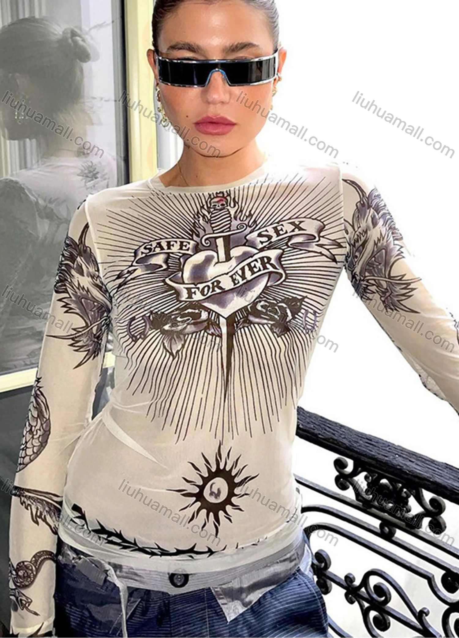 Wholesale Women's Fashion Long Sleeve Mock Neck Tattoo Print Mesh Semi-sheer Crop Top Y21TP475# - Liuhuamall