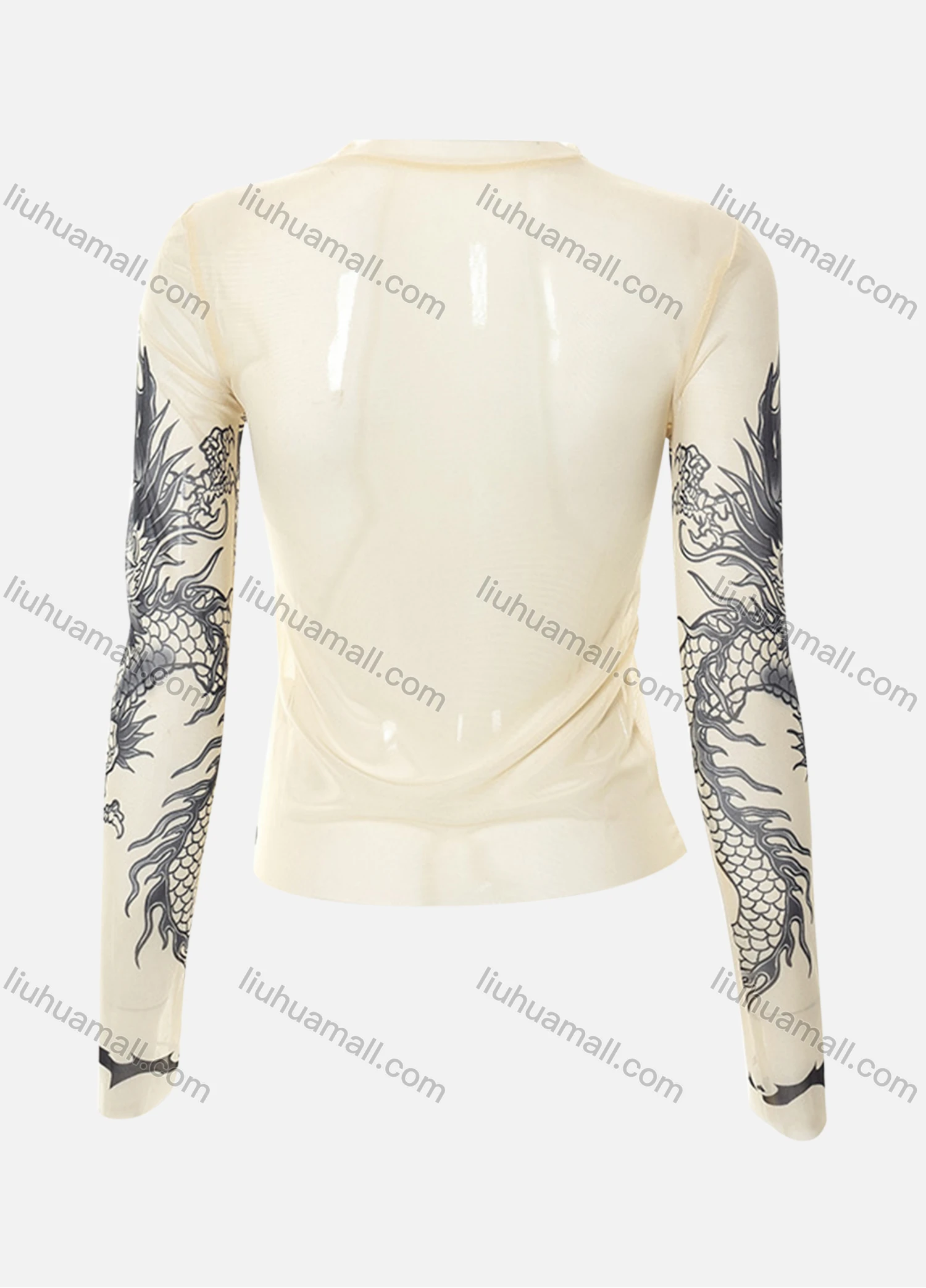 Wholesale Women's Fashion Long Sleeve Mock Neck Tattoo Print Mesh Semi-sheer Crop Top Y21TP475# - Liuhuamall