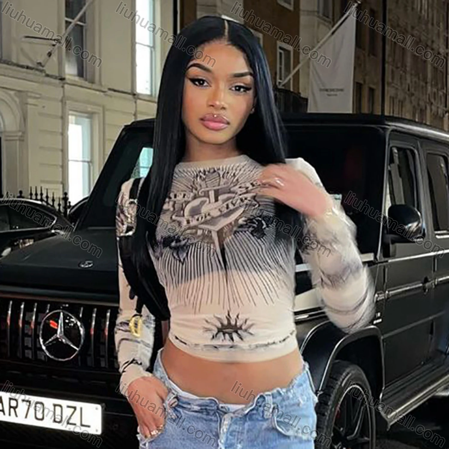 Wholesale Women's Fashion Long Sleeve Mock Neck Tattoo Print Mesh Semi-sheer Crop Top Y21TP475# - Liuhuamall