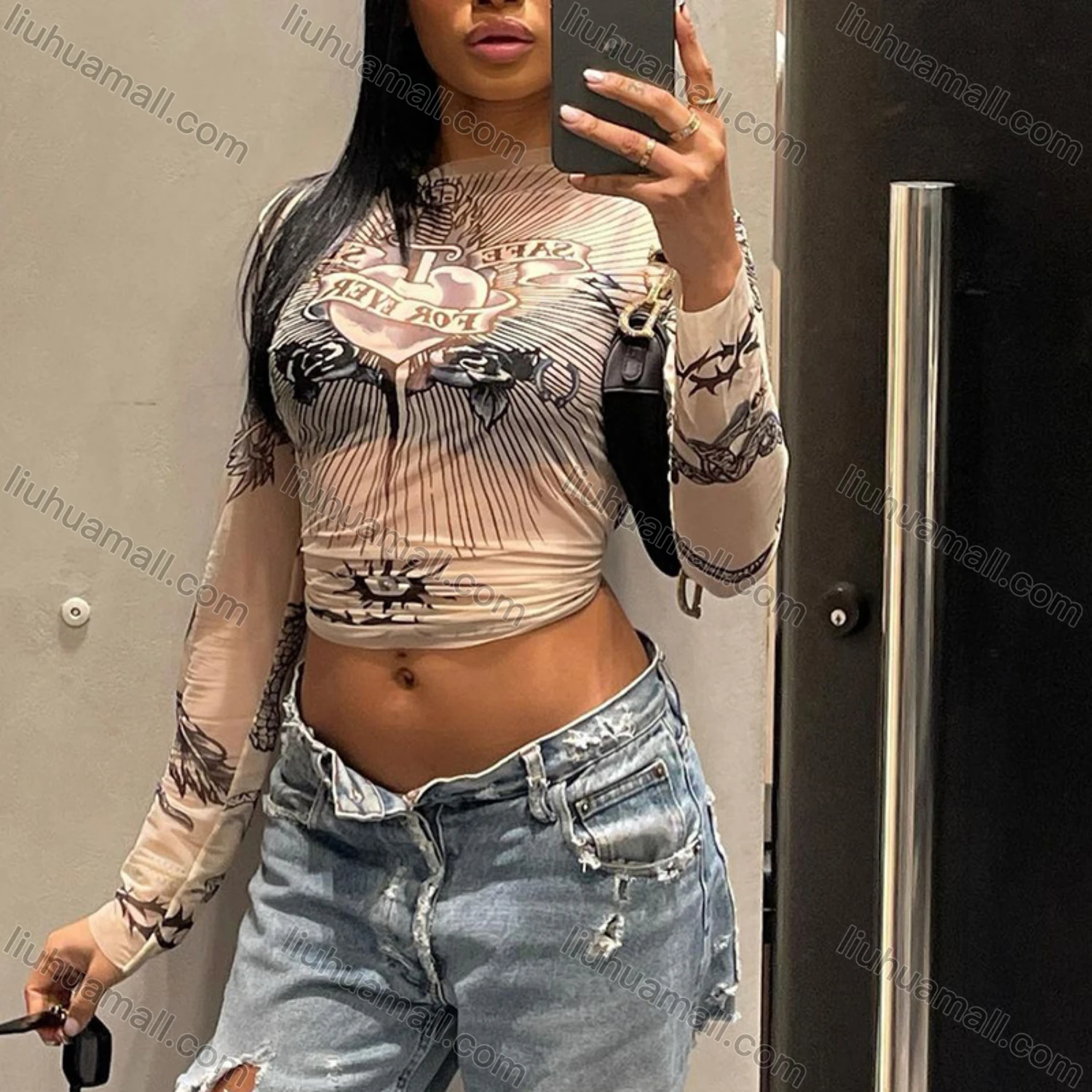 Wholesale Women's Fashion Long Sleeve Mock Neck Tattoo Print Mesh Semi-sheer Crop Top Y21TP475# - Liuhuamall