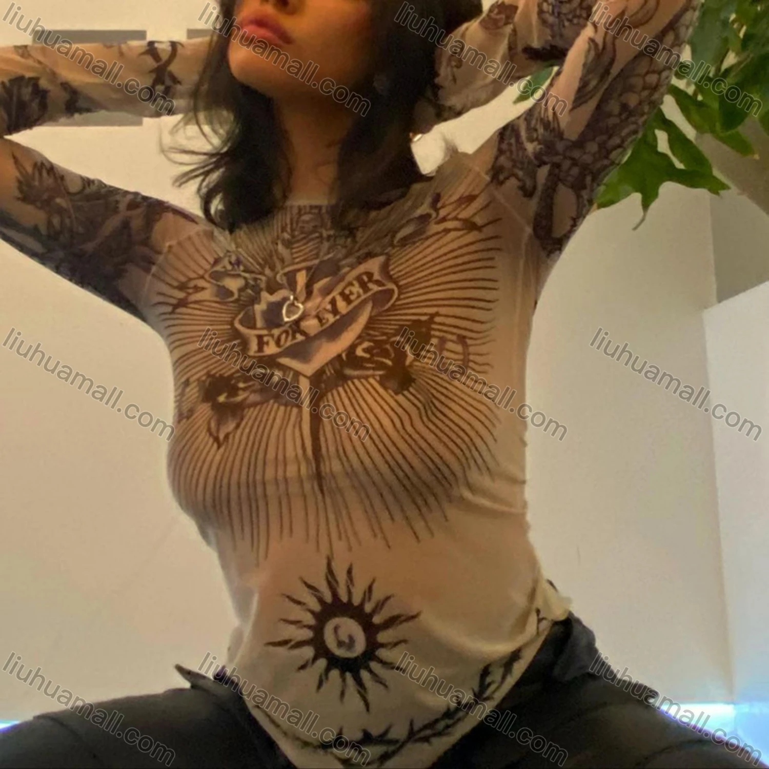Wholesale Women's Fashion Long Sleeve Mock Neck Tattoo Print Mesh Semi-sheer Crop Top Y21TP475# - Liuhuamall