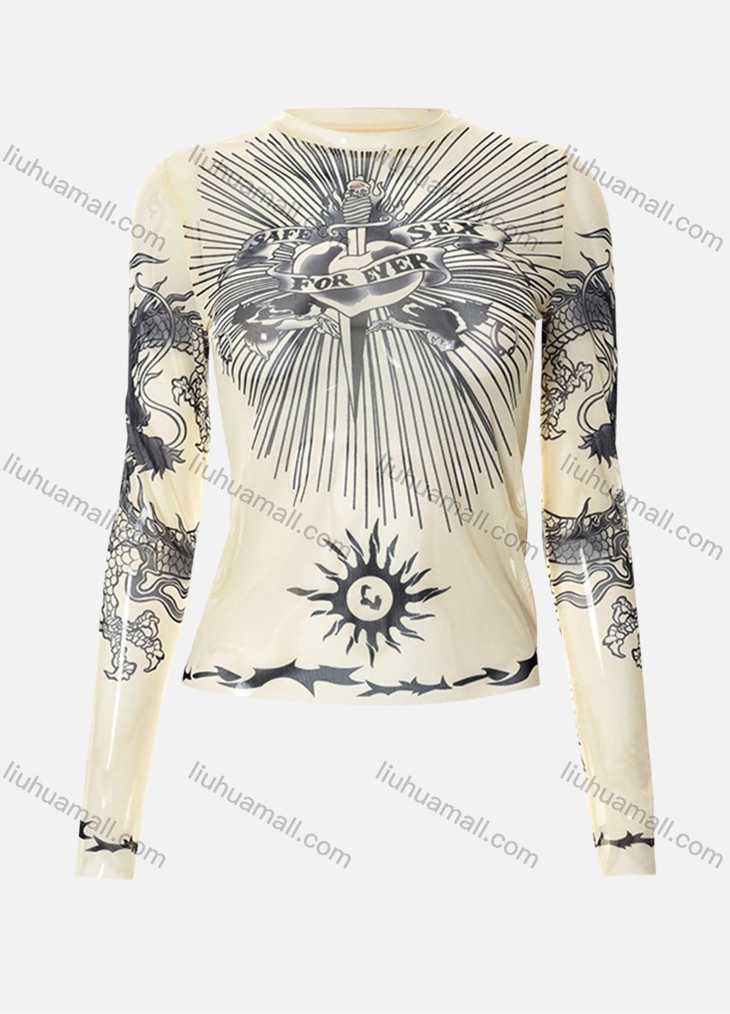 Wholesale Women's Fashion Long Sleeve Mock Neck Tattoo Print Mesh Semi-sheer Crop Top Y21TP475# - Liuhuamall