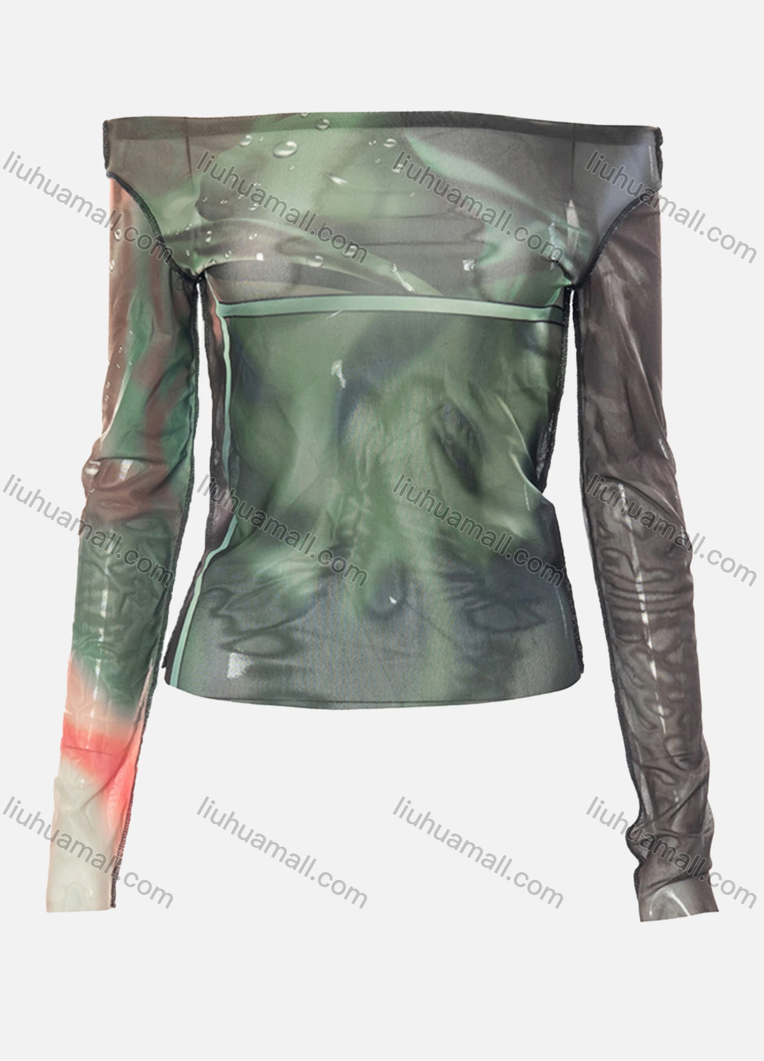 Wholesale Women's Fashion Long Sleeve Off Shoulder Allover Print Mesh Semi-sheer Crop Top Y21TP483# - Liuhuamall