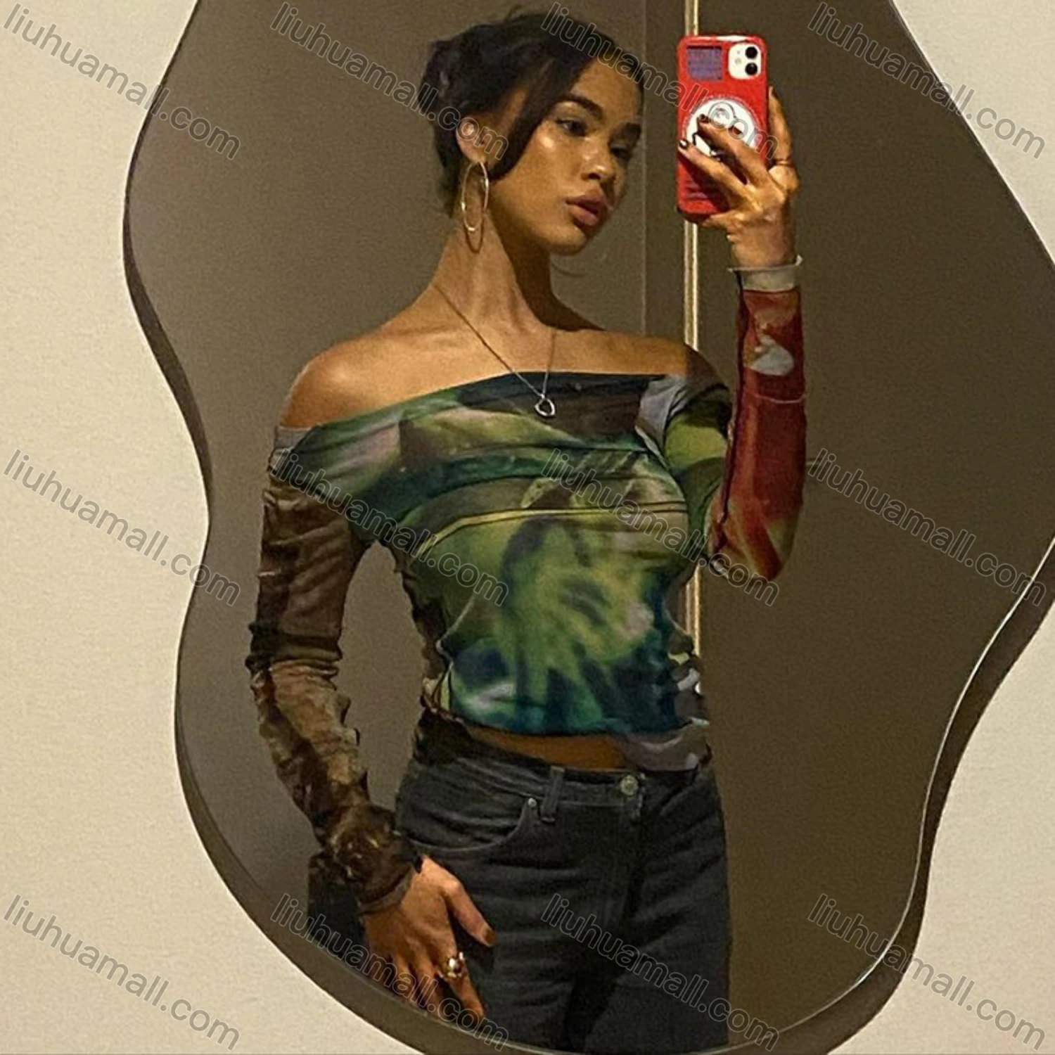 Wholesale Women's Fashion Long Sleeve Off Shoulder Allover Print Mesh Semi-sheer Crop Top Y21TP483# - Liuhuamall