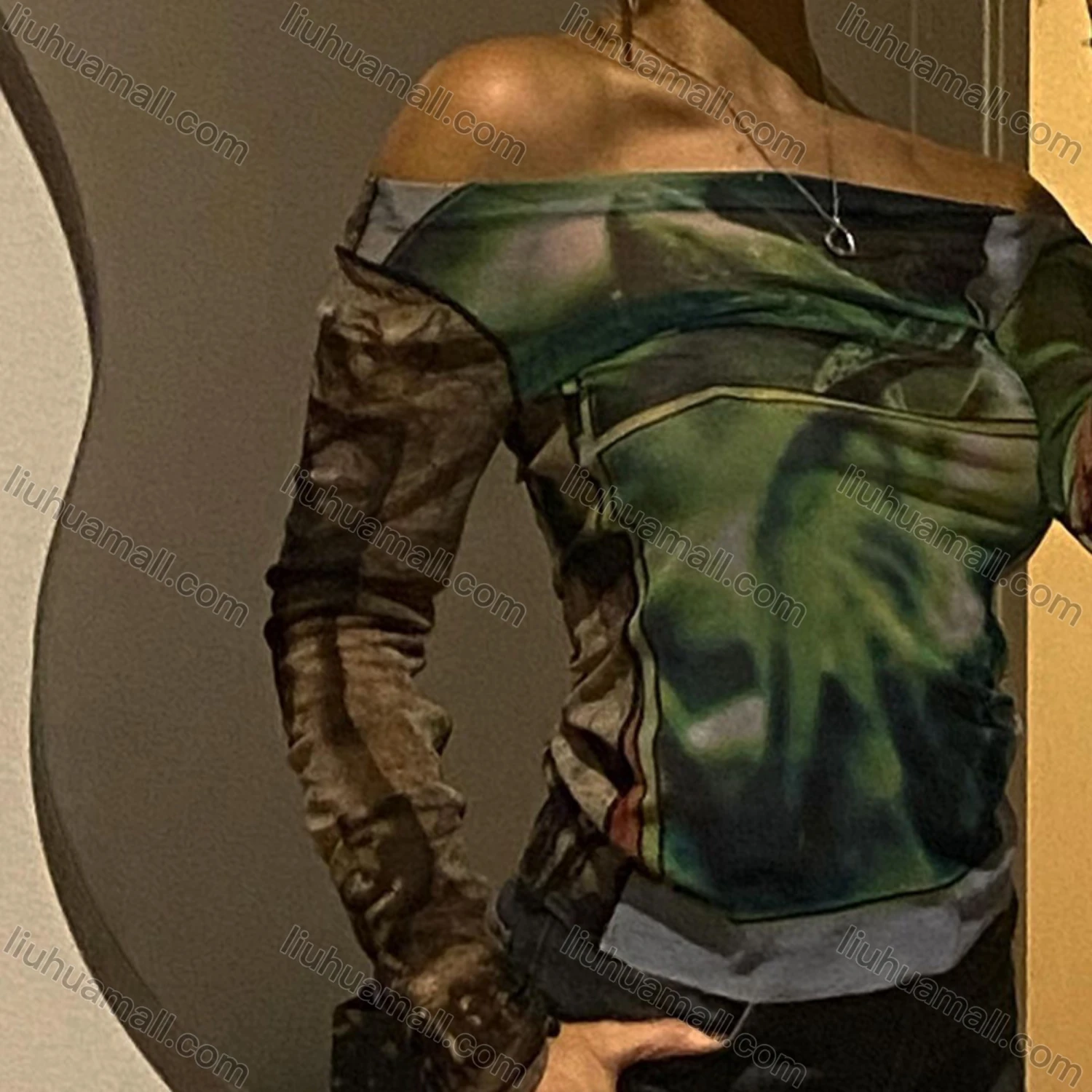 Wholesale Women's Fashion Long Sleeve Off Shoulder Allover Print Mesh Semi-sheer Crop Top Y21TP483# - Liuhuamall
