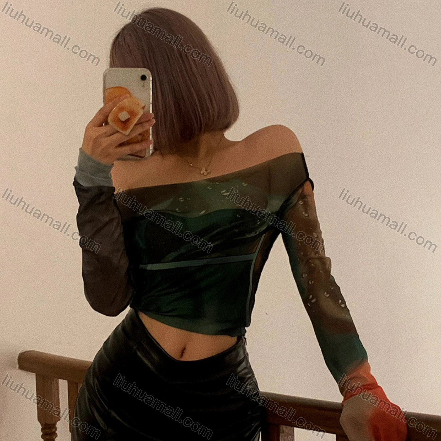Wholesale Women's Fashion Long Sleeve Off Shoulder Allover Print Mesh Semi-sheer Crop Top Y21TP483# - Liuhuamall