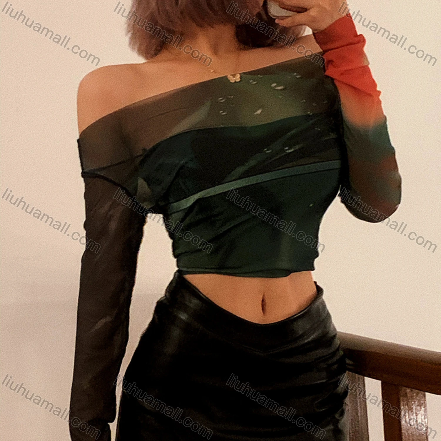 Wholesale Women's Fashion Long Sleeve Off Shoulder Allover Print Mesh Semi-sheer Crop Top Y21TP483# - Liuhuamall