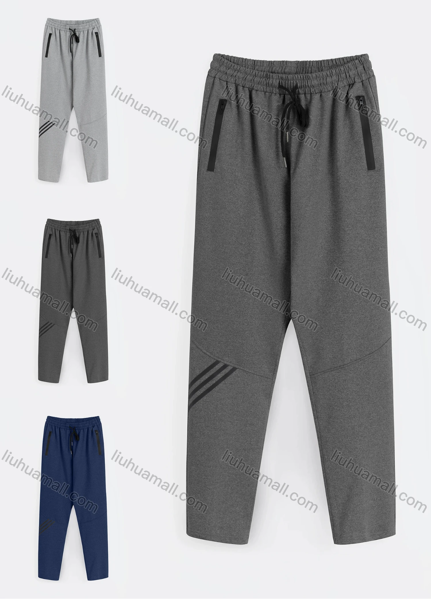 Wholesale Men's Sporty Plain Striped Trim Drawstring Zipper Pockets Pants - Liuhuamall