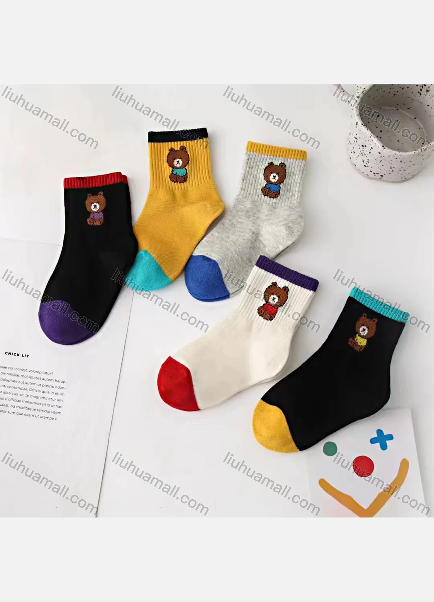 Wholesale Boys Softy Colorblock Bear Print Cushioned Ankle Socks - Liuhuamall