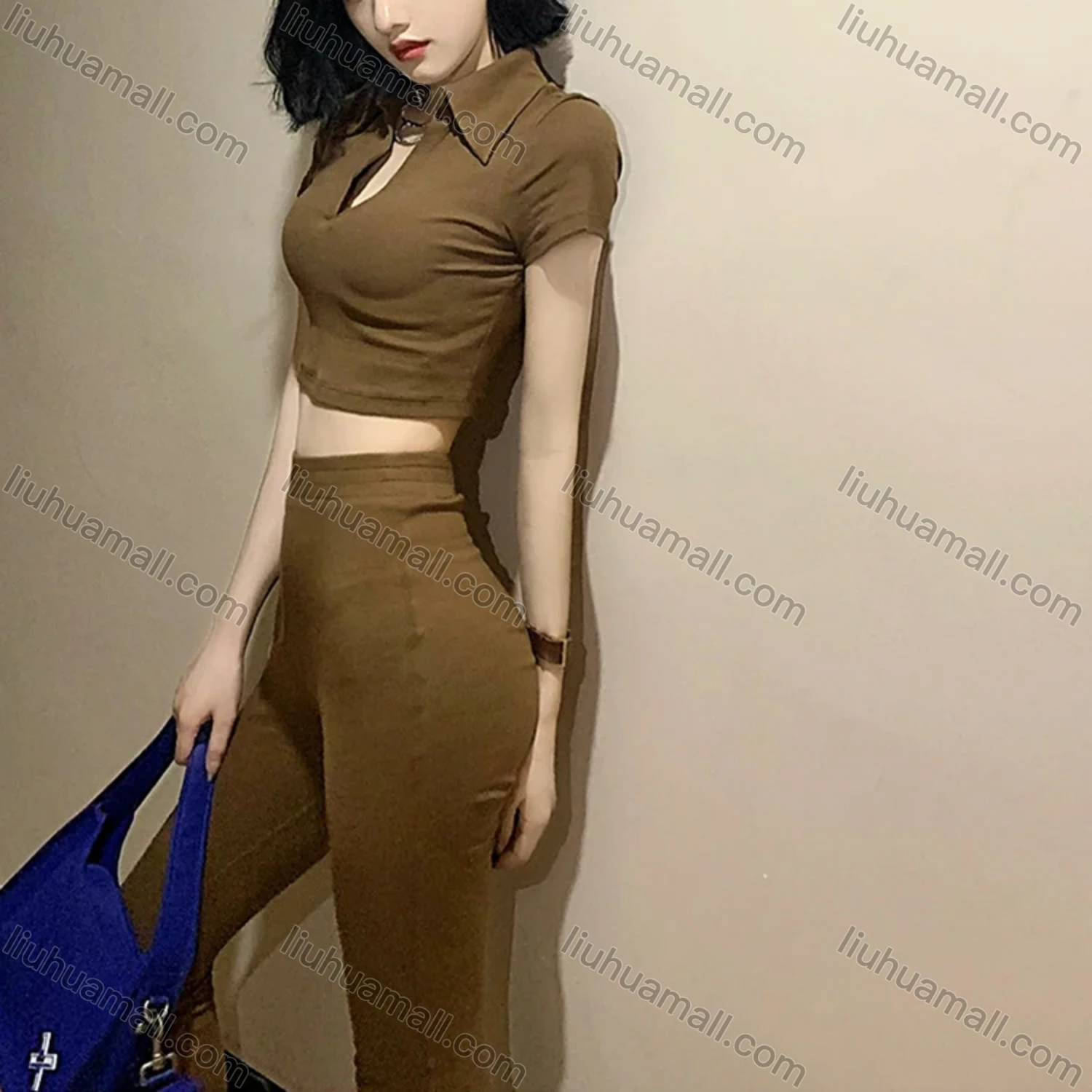 Wholesale Women's Casual Plain V Neck Crop Tops & Flare Leg Pants 2 Piece Set - Liuhuamall