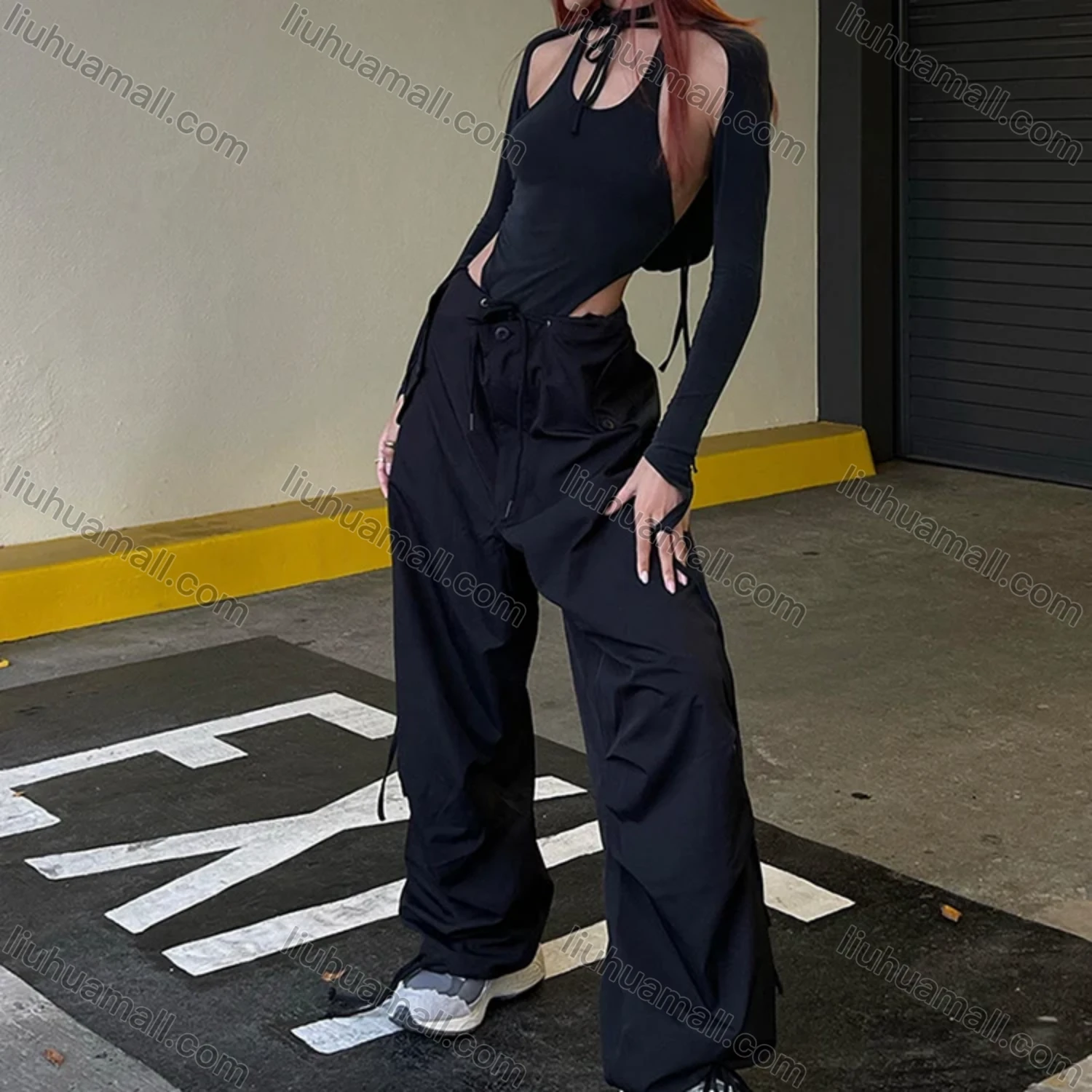 Wholesale Women's Fashion Plain Drawstring Pockets High Waist Pants - Liuhuamall