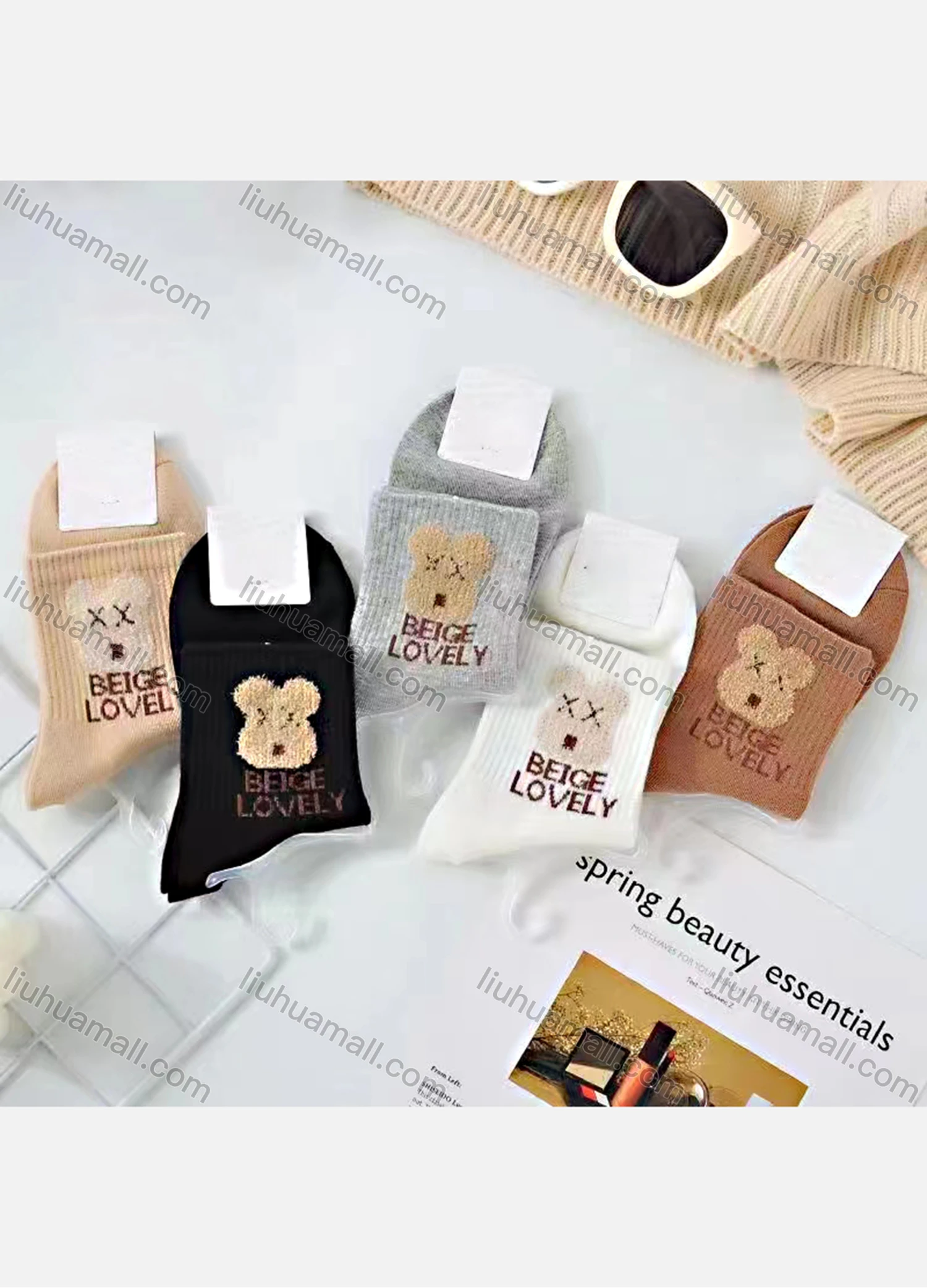 Wholesale Women's Casual Bear Letter Print Cushioned Ankle Socks - Liuhuamall