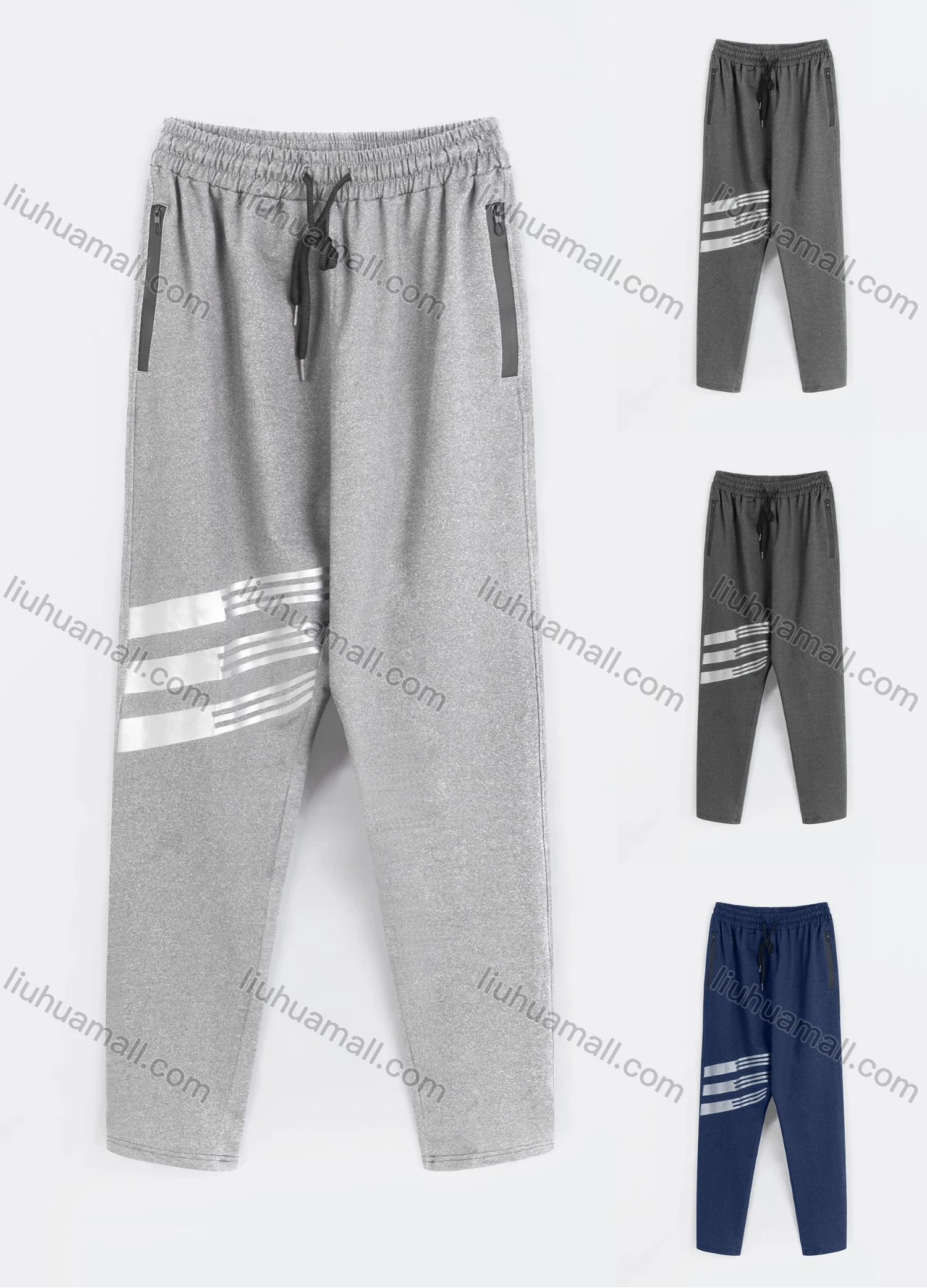 Wholesale Men's Sporty Plain Reflective Stripes Drawstring Zipper Pockets Pants - Liuhuamall