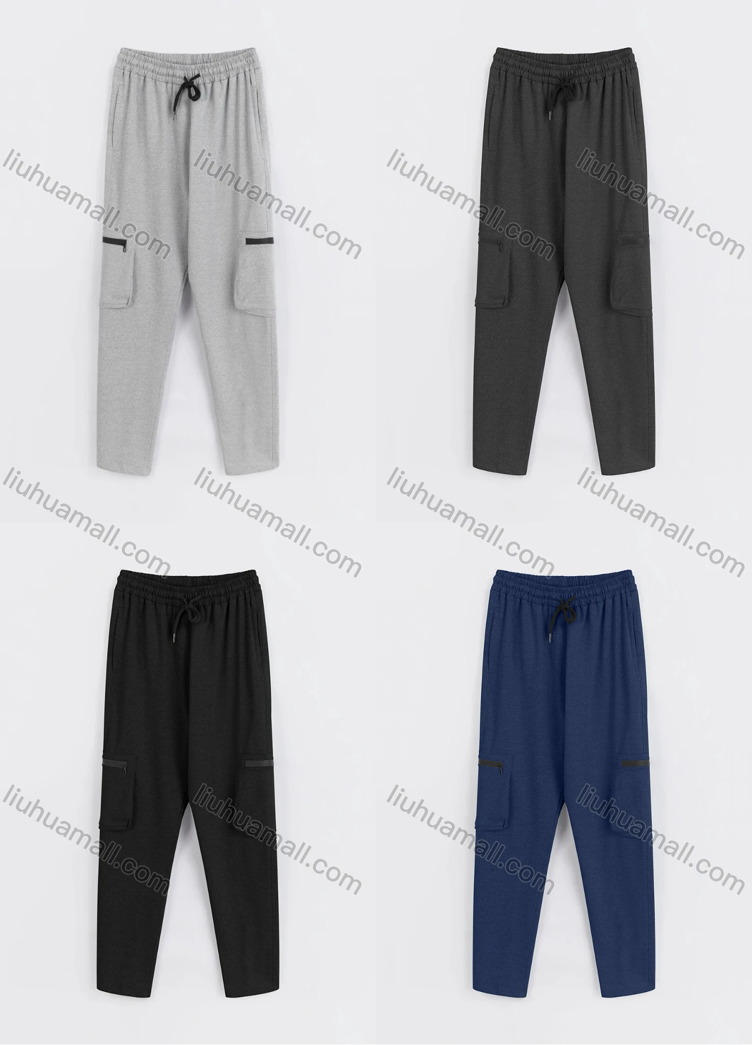 Wholesale Men's Sporty Plain Drawstring Elastic Waist Multiple Pockets Pants - Liuhuamall