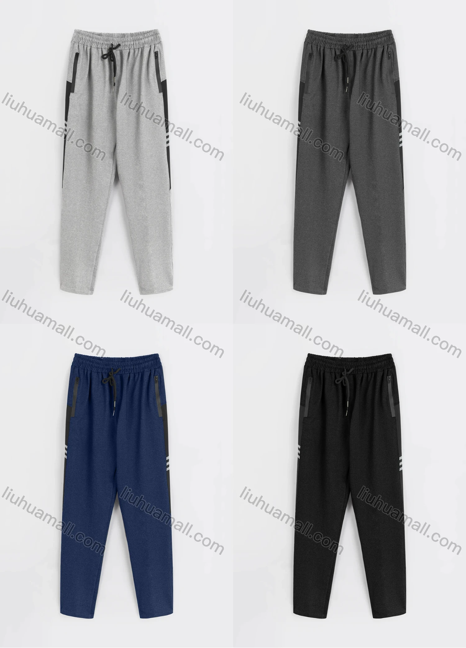 Wholesale Men's Sporty Plain Reflective Stripes Drawstring Zipper Pockets Pants - Liuhuamall