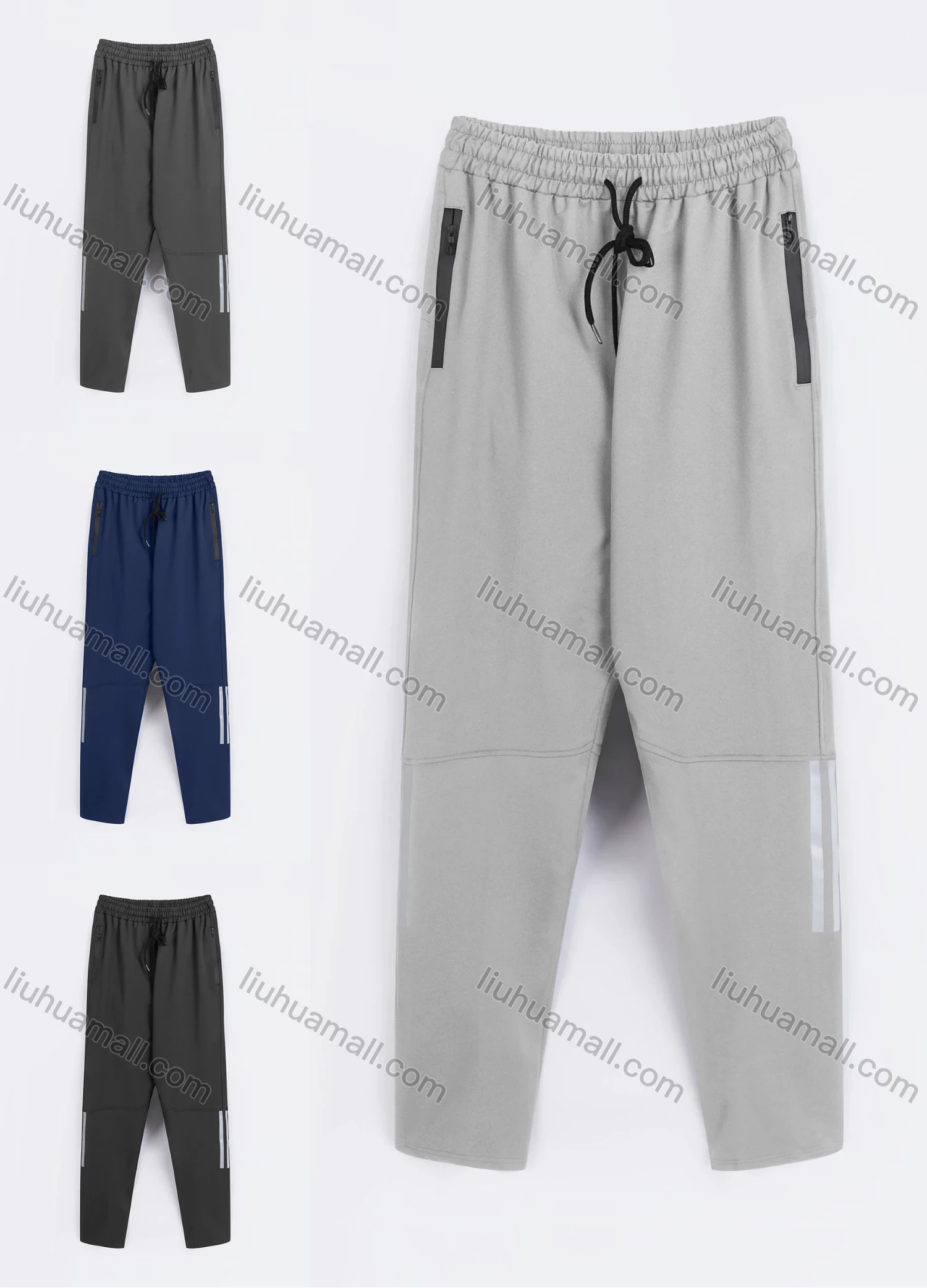 Wholesale Men's Sporty Plain Reflective Stripes Drawstring Zipper Pockets Pants - Liuhuamall