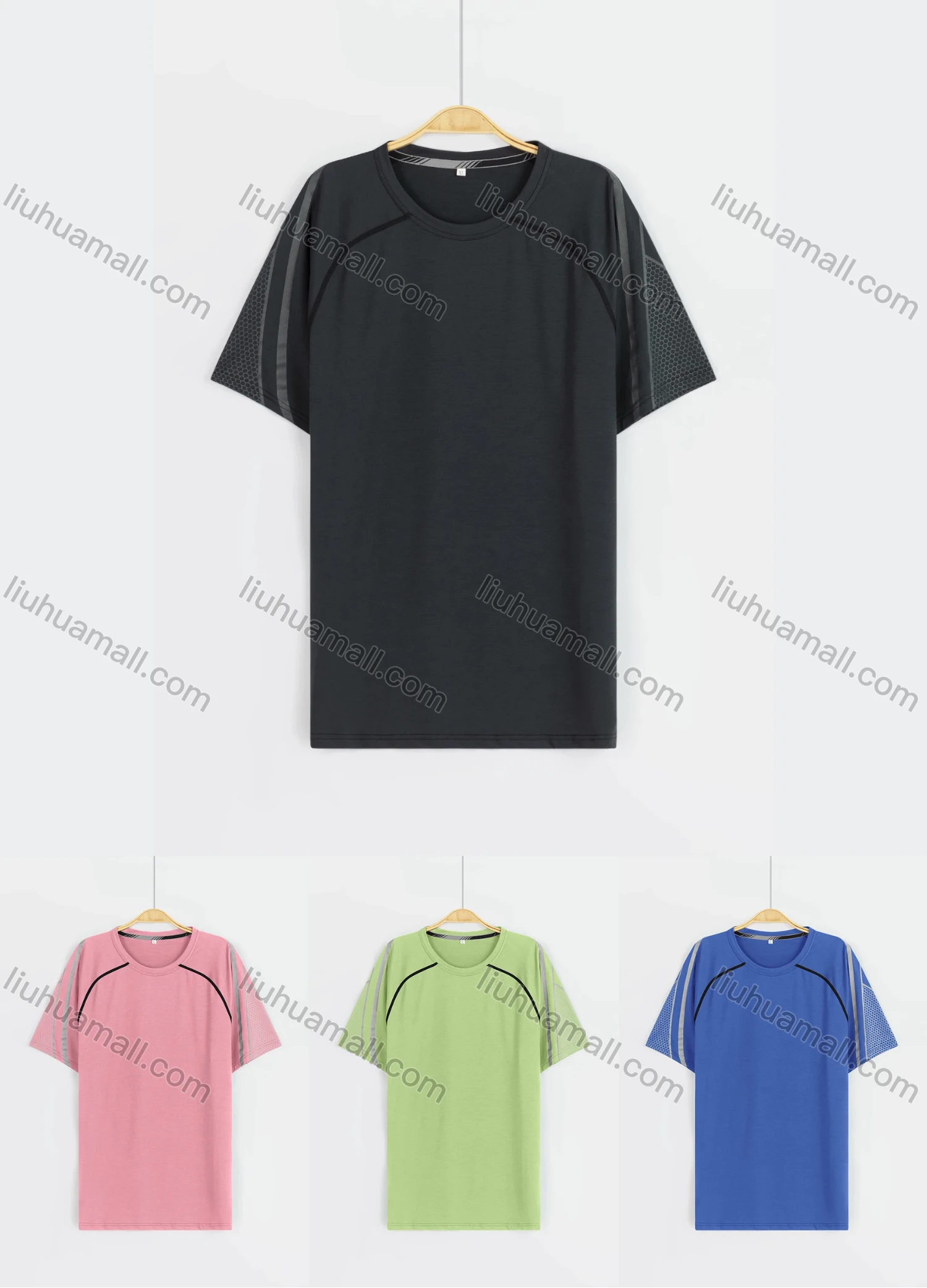 Wholesale Men's Sporty Reflective Stripes Honeycomb Print Round Neck Short Sleeve Tee - Liuhuamall