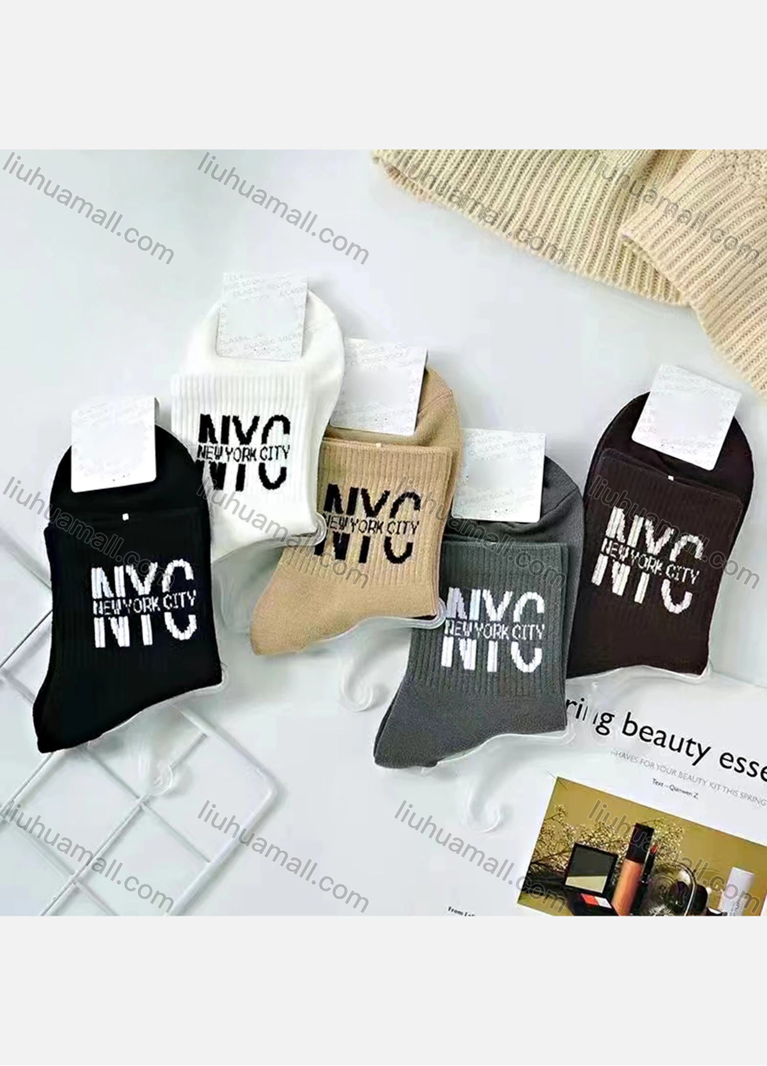 Wholesale Men's Casual Thick Letter Print Cushioned Crew Socks - Liuhuamall