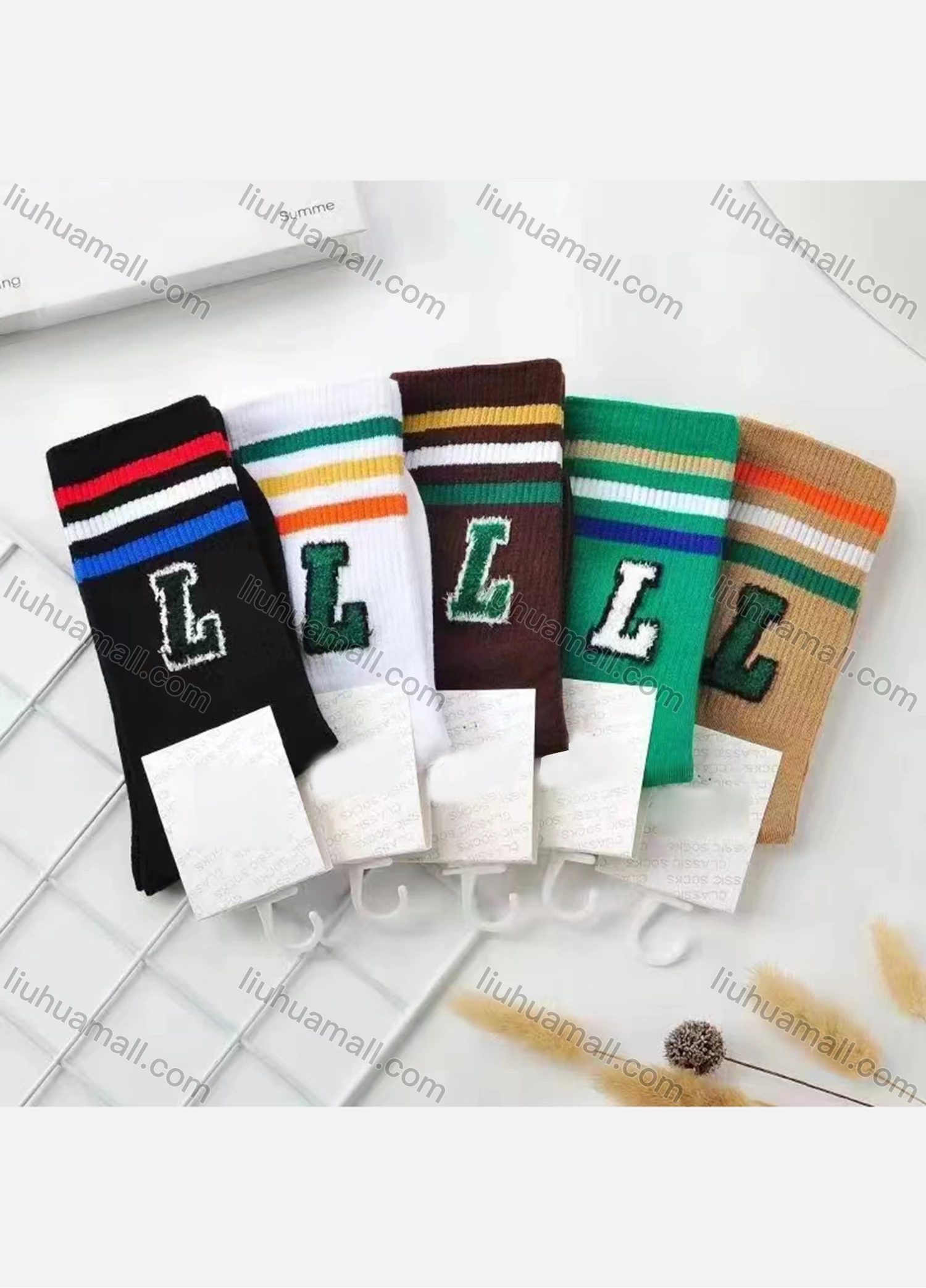 Wholesale Women's Casual Striped Letter Graphic Cushioned Ankle Socks - Liuhuamall