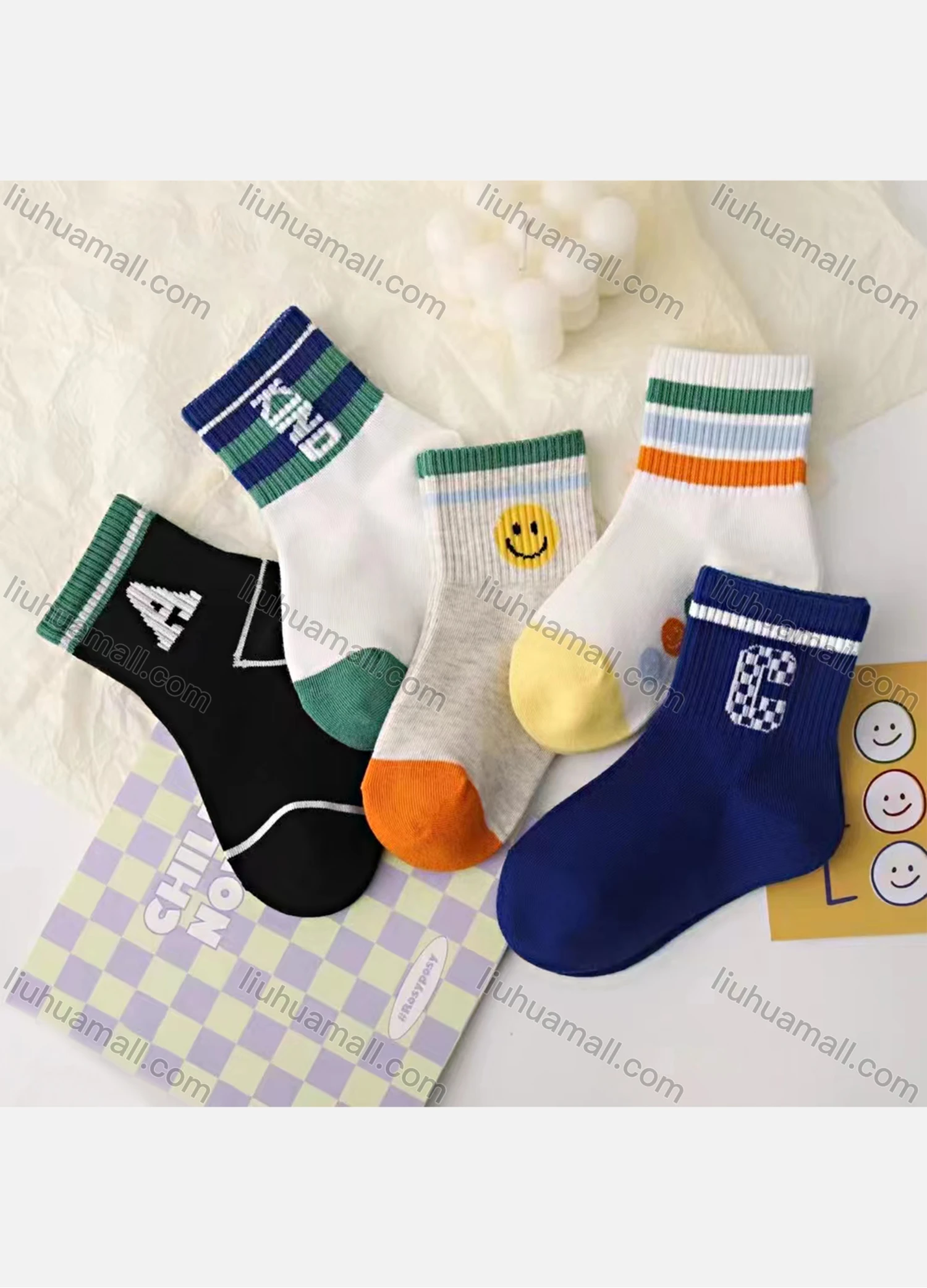 Wholesale Boys Casual Striped Smiley Face Letter Graphic Crew Ankle Socks - Liuhuamall