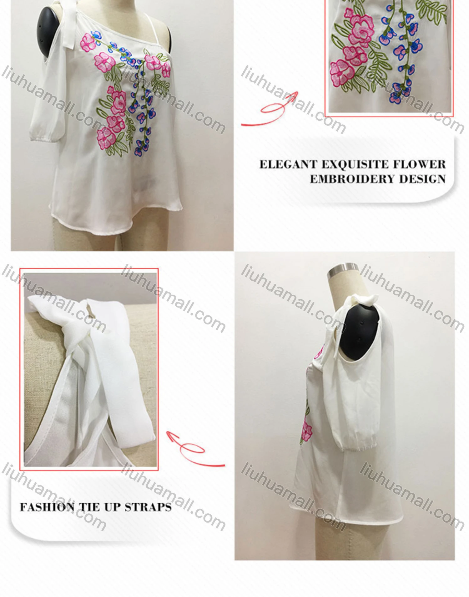 Wholesale Women's Floral Embroidery Spaghetti Straps Lace Up Cami Top - Liuhuamall