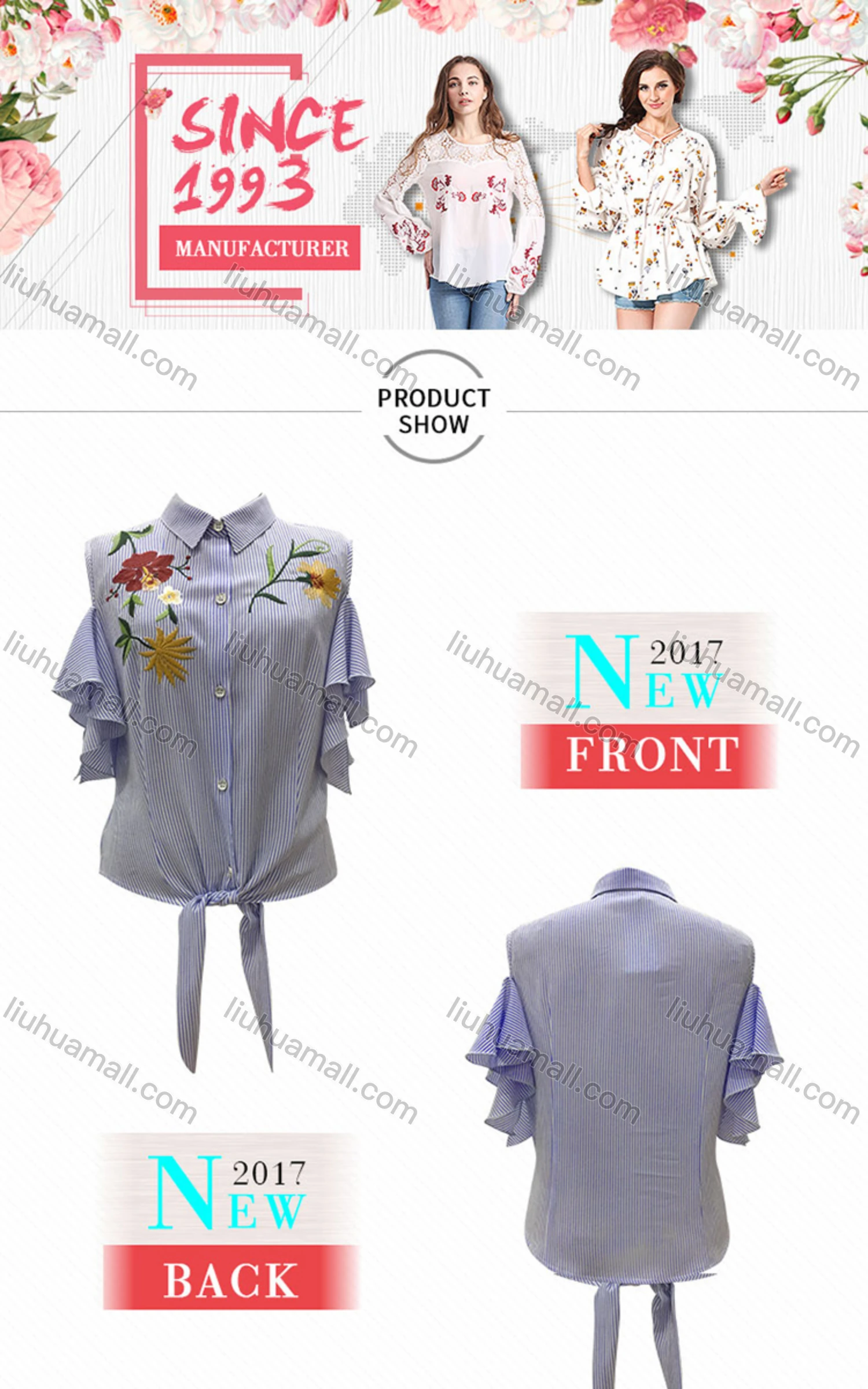 Wholesale Women's Casual Striped Floral Embroidery Ruffle Sleeve Button Down Lace Up Blouse - Liuhuamall