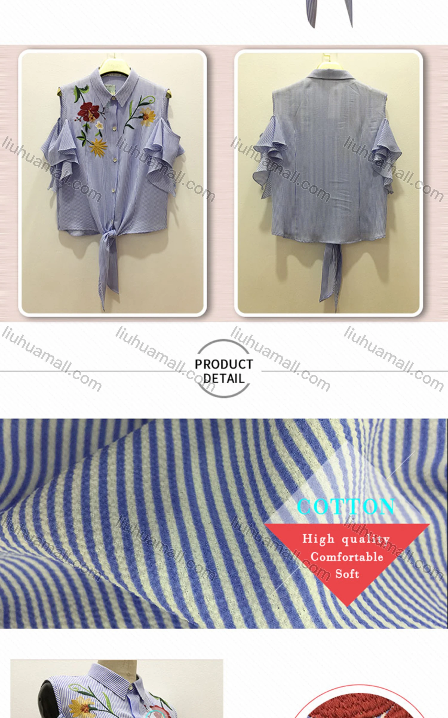 Wholesale Women's Casual Striped Floral Embroidery Ruffle Sleeve Button Down Lace Up Blouse - Liuhuamall